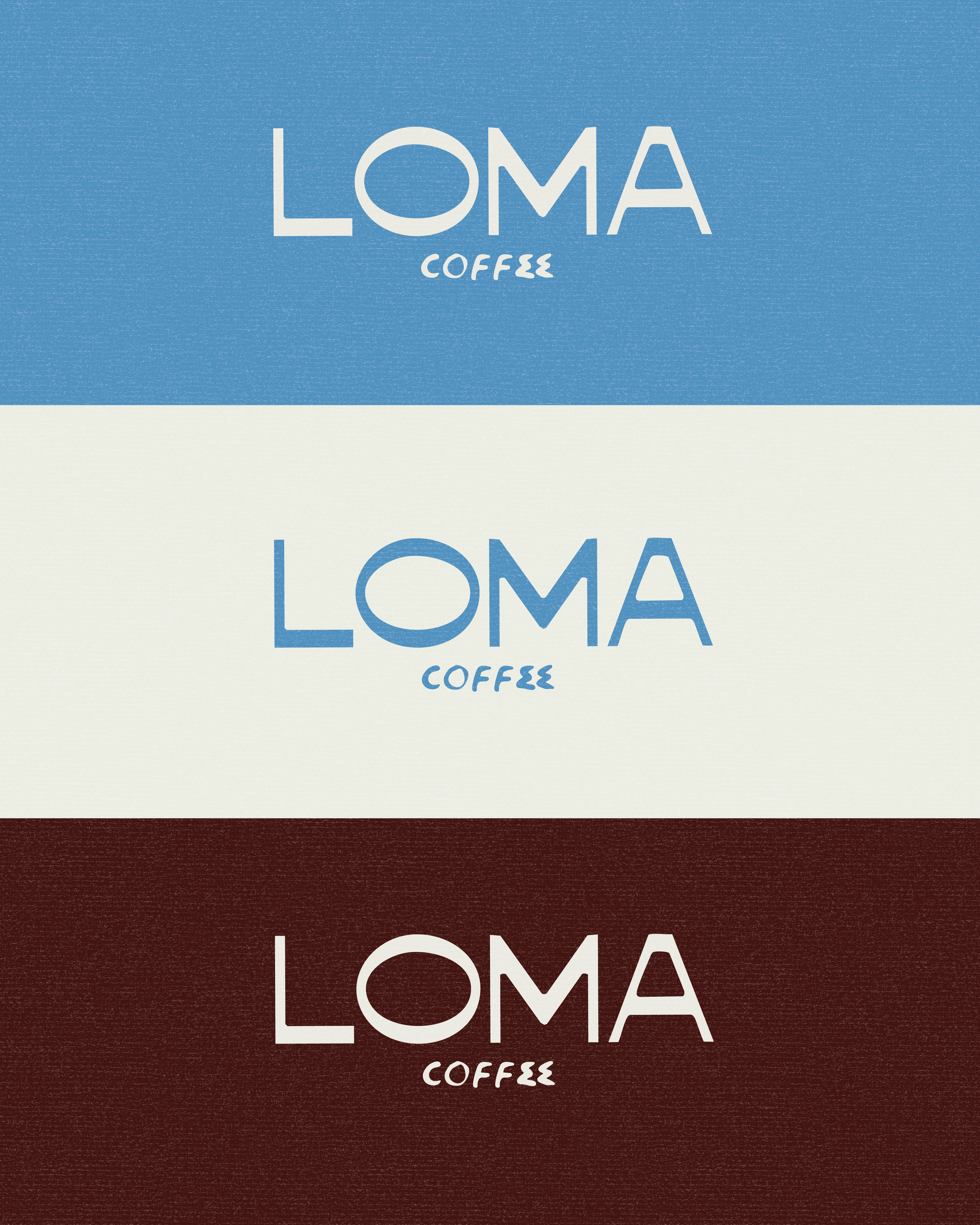 Four digitally manipulated images of a logo for LO MA Coffee with different background colors: light blue, white, dark brown, and black. The logo features the words 'LO MA' in large, white, stylized font and 'COFFEE' in smaller, cursive font beneath.