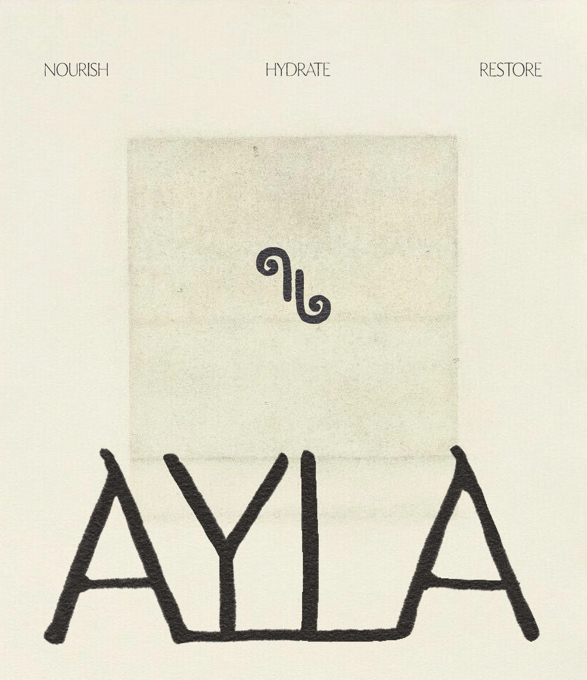 A line drawing of a rectangular basket with two handles, with the words 'NOURISH', 'HYDRATE', and 'RESTORE' written above at evenly spaced intervals.