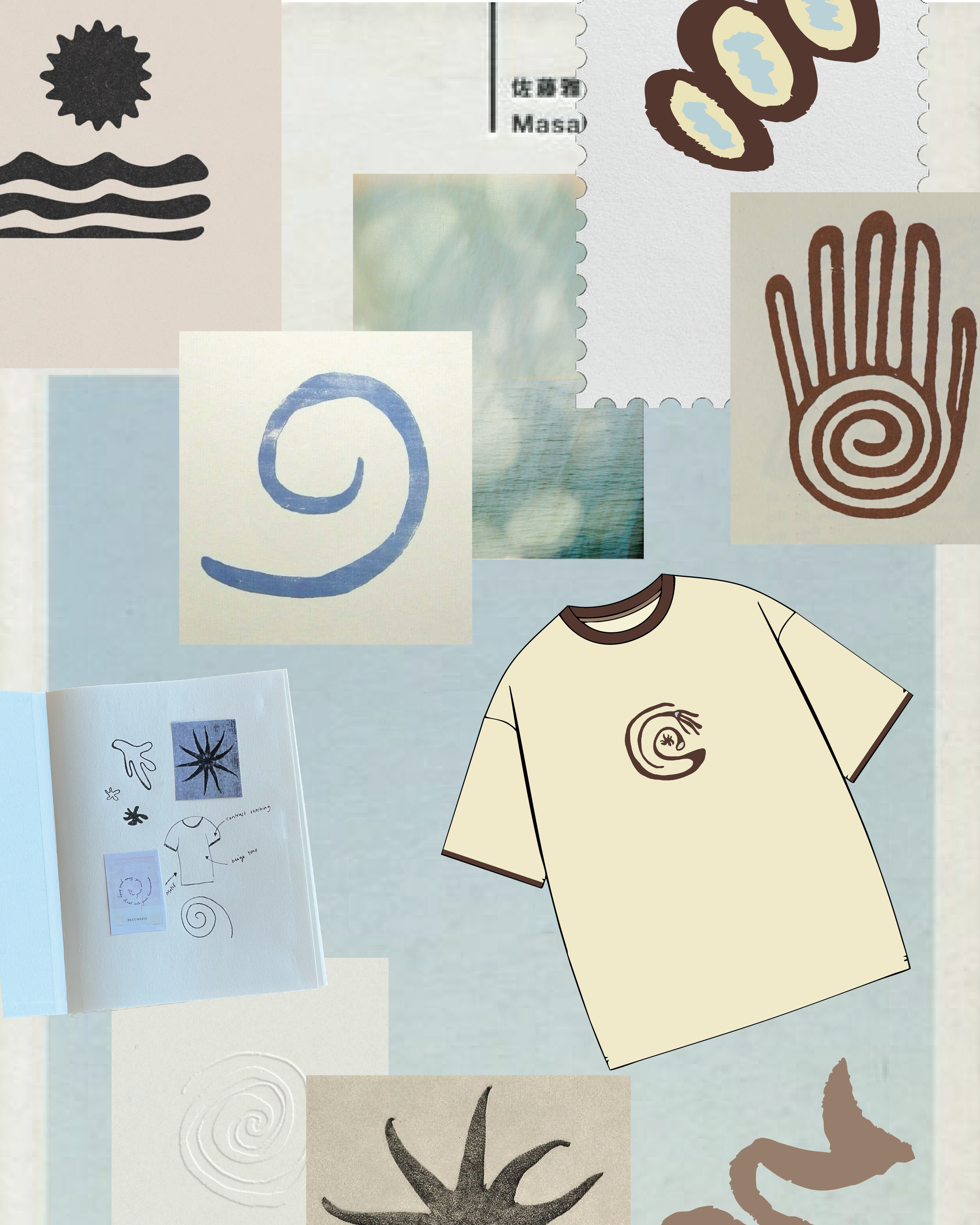 Collage of various illustrations, sketches, and designs including a black sun, wavy black lines, a blue spiral, stylized plant or insect, and a hand-drawn shirt with a design on it, overlapping with stamped images, text, and textured backgrounds.