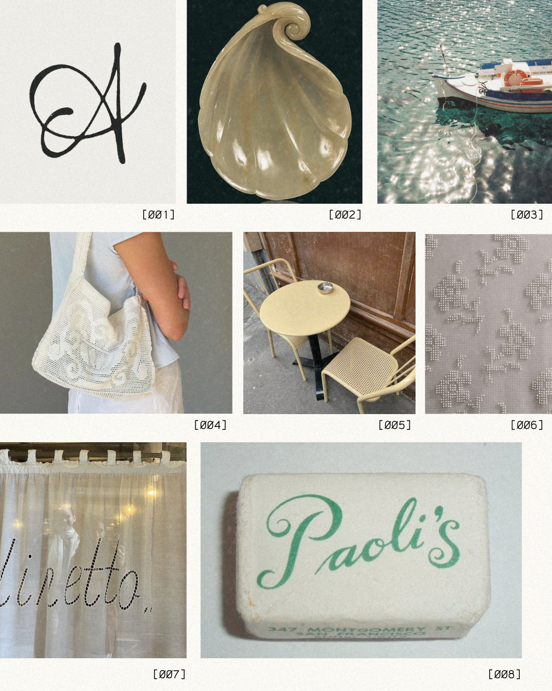 A collage of eight images including a black ink signature on paper, a seashell, a boat on water, a person carrying a white crocheted bag, a yellow round table with chairs outside, a close-up of lace fabric, a white curtain with string lights, and a b