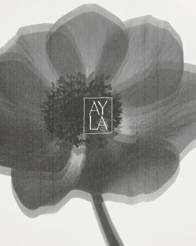 Black and white image of a large flower with layered petals and a textured center, with the text 'AYLA' inside a small square in the middle.