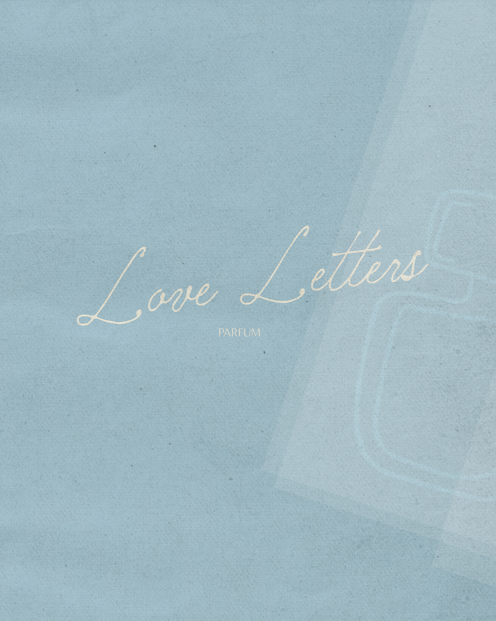 A light blue background with elegant cursive text that says 'Love Letters' and smaller text below it that says 'Parfum'.