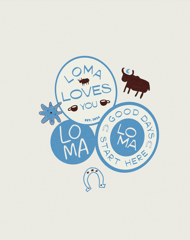 Collection of circle stickers with phrases and images, including a cow, a starfish, and stylized text that says "Loma Loves You," "Good Days Start Here," and "Loma".