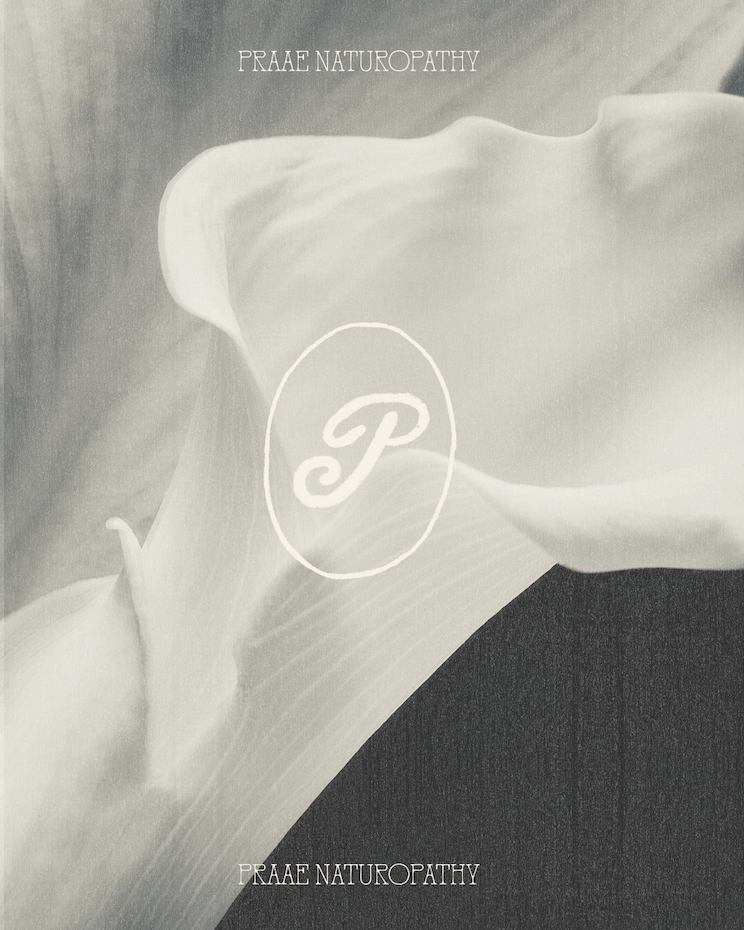 A grayscale photograph of a calla lily flower with the words 'PRAAE NATUROPATHY' at the top and bottom, and a letter 'P' in an oval in the center.