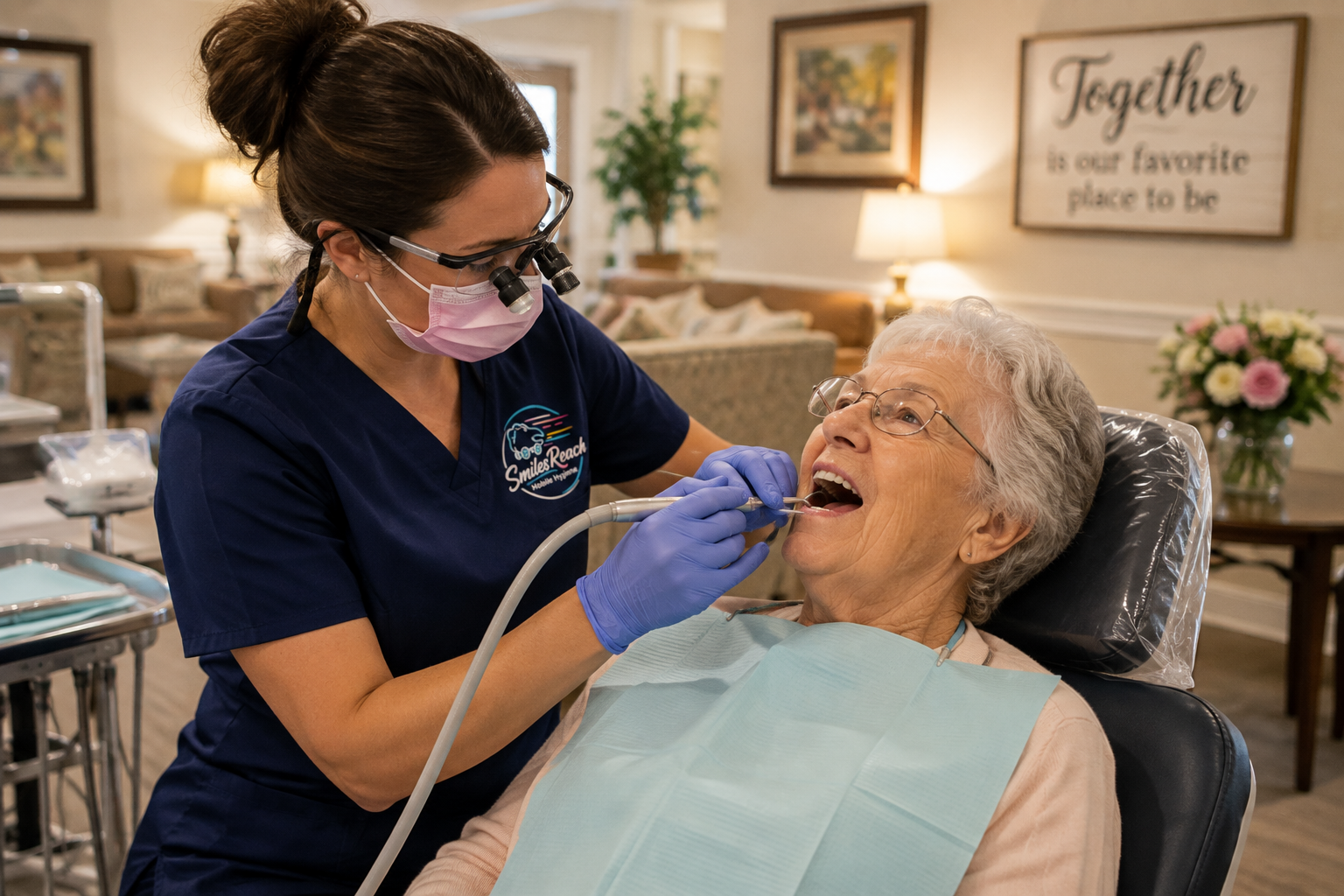 A female dentist wearing pink mask, magnifying glasses, and gloves examines an elderly woman's teeth with dental tools in an assisted living facility.