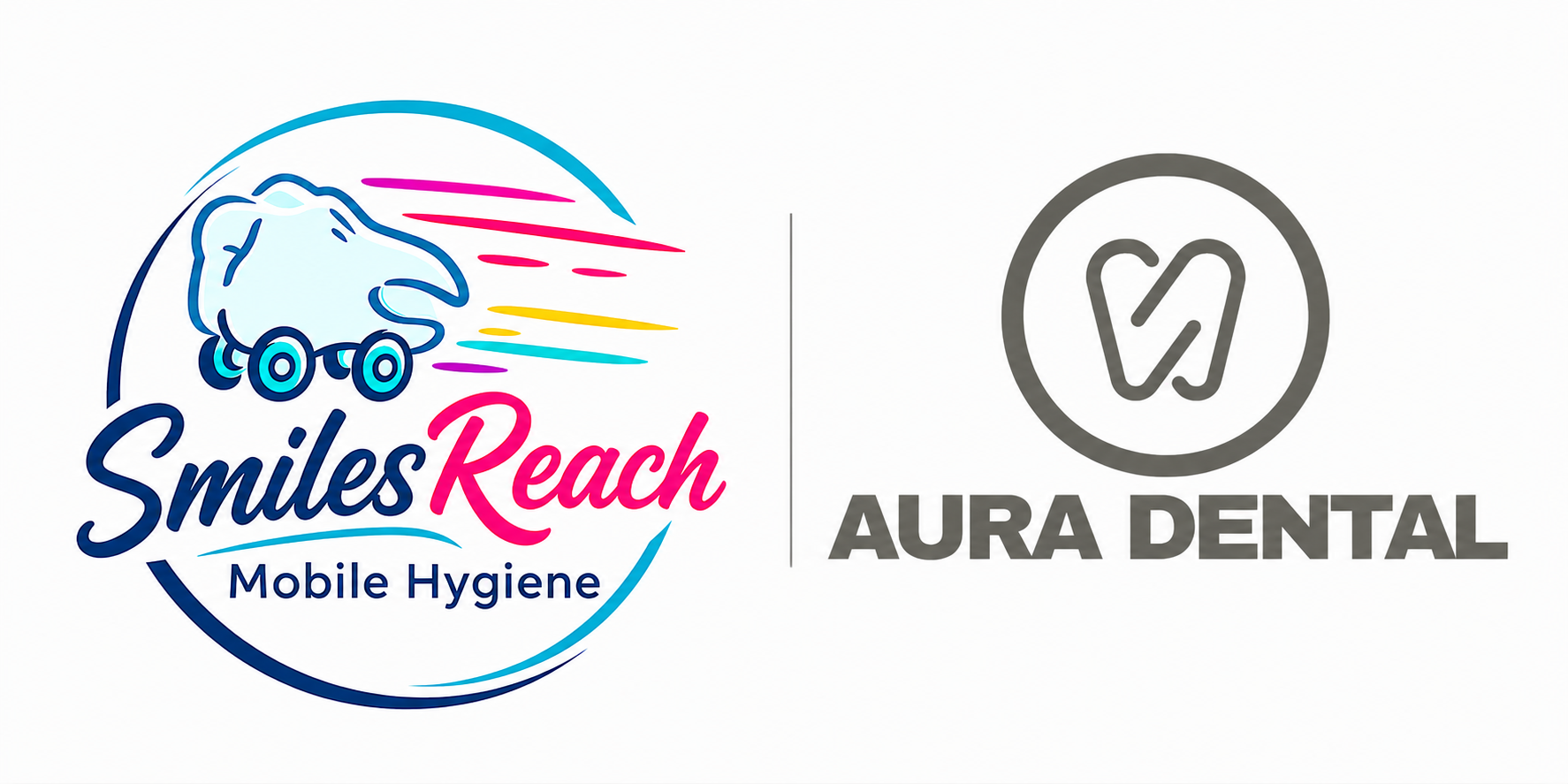 Logo of Smiles Reach Mobile Hygiene with a tooth on rollorskates and colorful lines representing motion, and the Aura Dental logo with a stylized tooth and the company name.