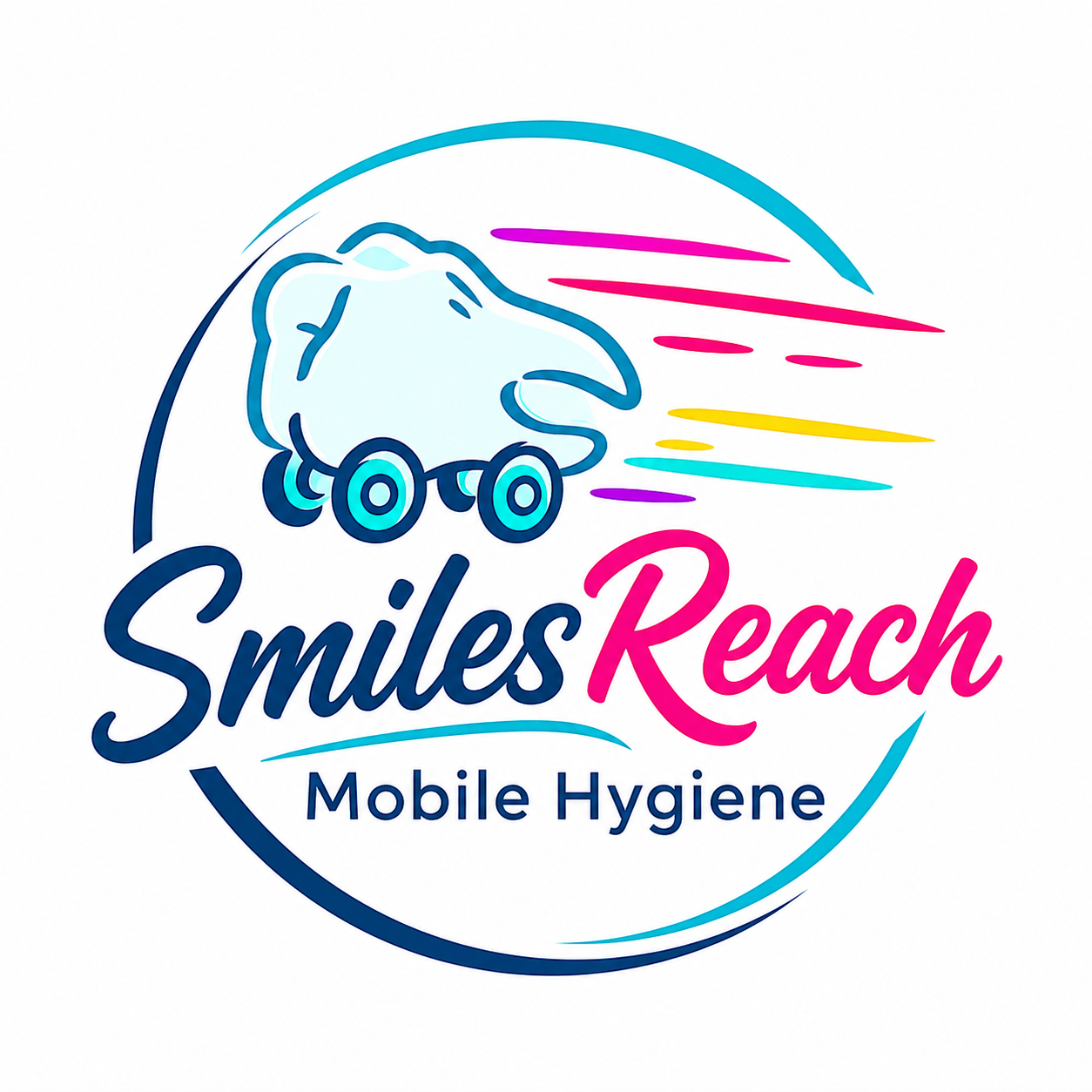 Logo for Smiles Reach Mobile Hygiene featuring a tooth with rollerskates, colorful streaks, and vibrant text.