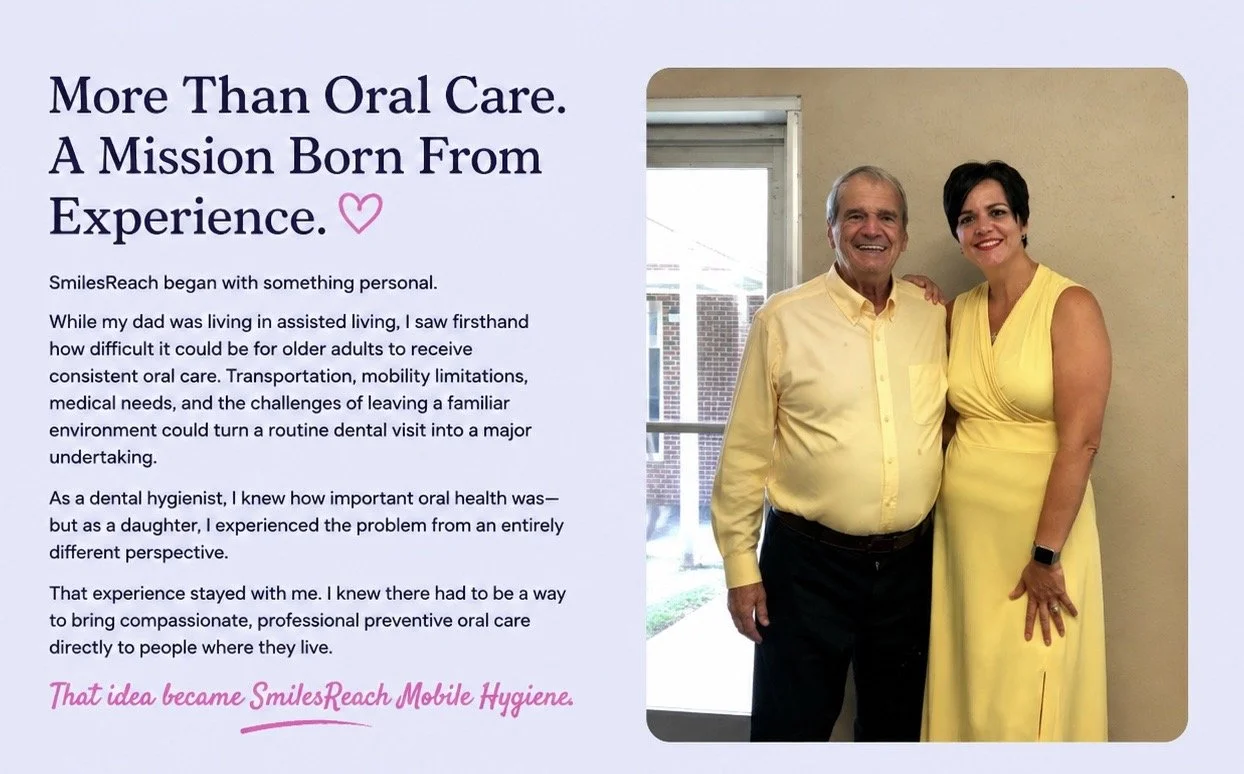 A woman in a yellow dress standing next to an older man in a yellow shirt, both smiling, with a window behind them and a text overlay about oral care and a personal story.