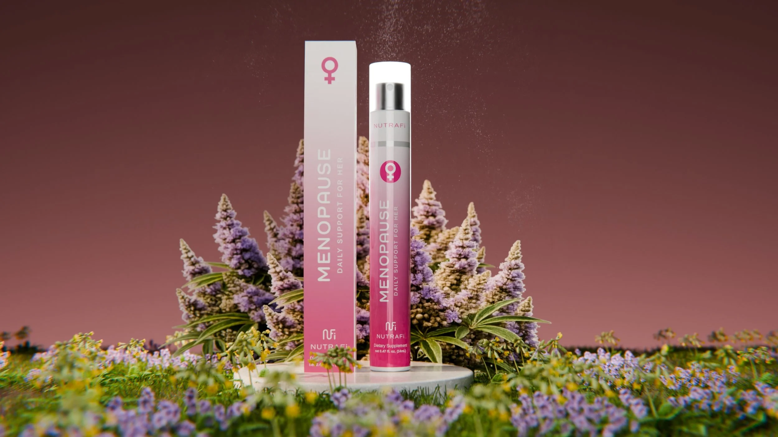 Pink box and container of NutraFi Menopause Support, with purple flowers and green foliage in the background.