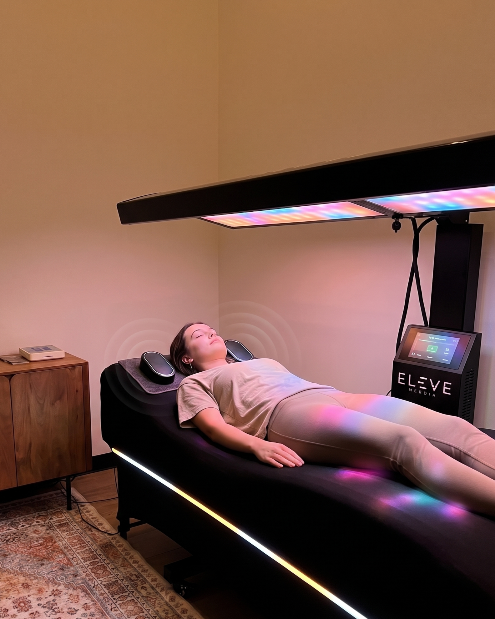 A woman lying on a bed under a therapeutic light panel in a room with beige walls, a wooden side table, and a patterned rug.
