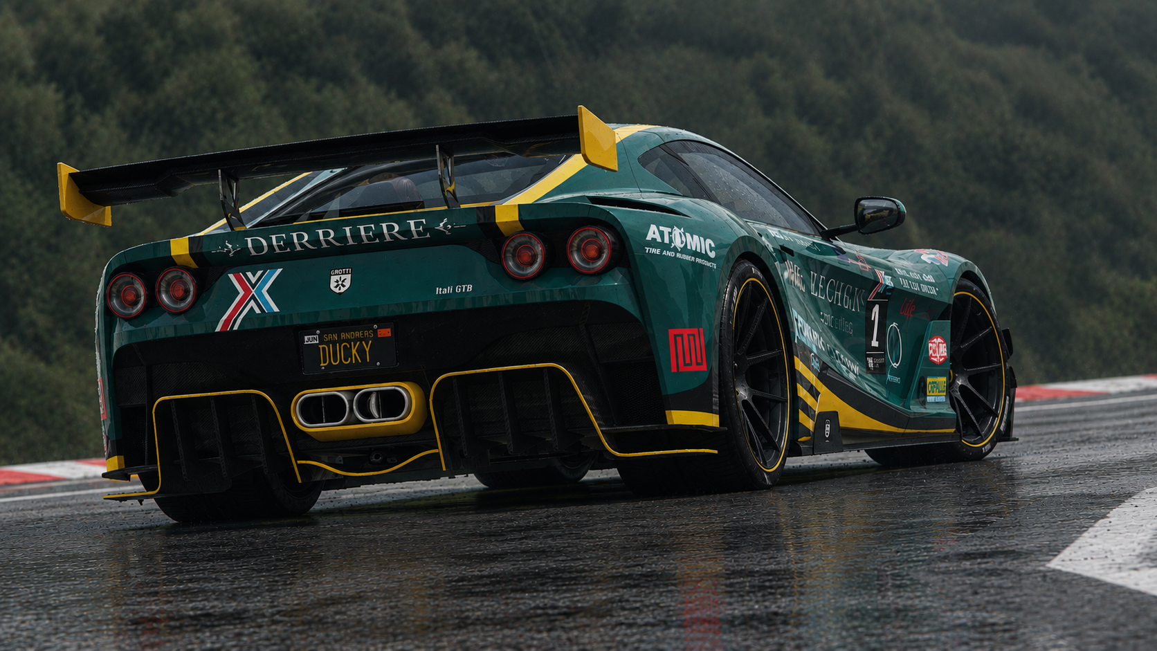 A green race car on a wet racetrack with yellow and black accents, rear view showing spoilers, exhausts, and rain-slick surface, with trees in the background.