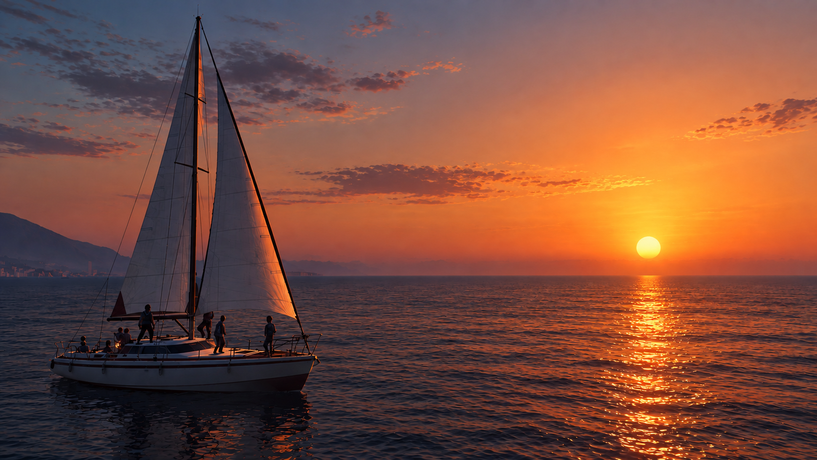 Sailing boat with people on board sailing on calm water during sunset with a colorful sky and distant mountains.