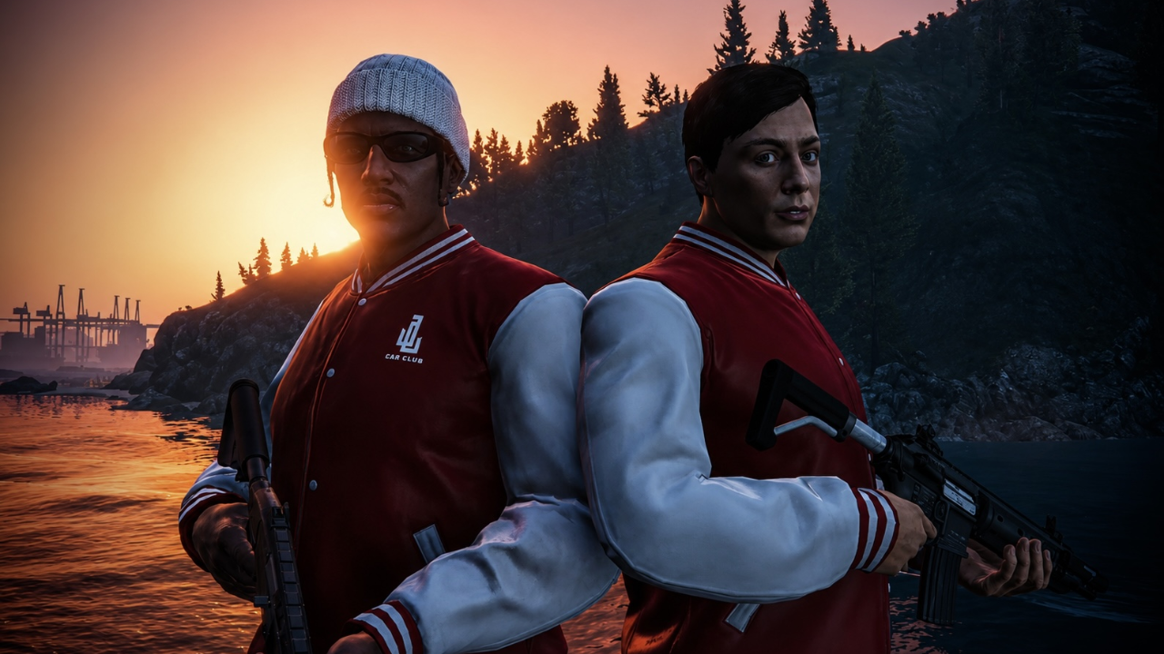 Two individuals standing back-to-back near a body of water at sunset, wearing red and white jackets, holding guns, with trees and a mountain in the background.