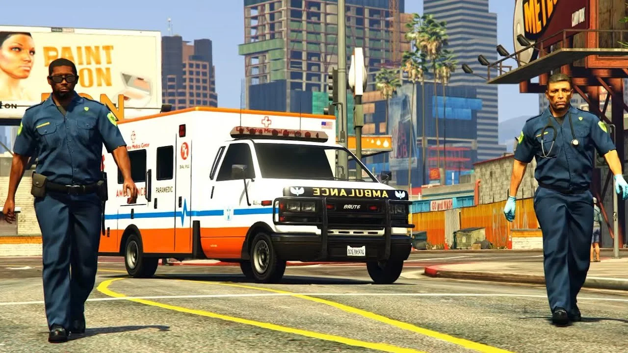 Two paramedics in blue uniforms walking in front of an ambulance on a city street with tall buildings and billboards in the background.
