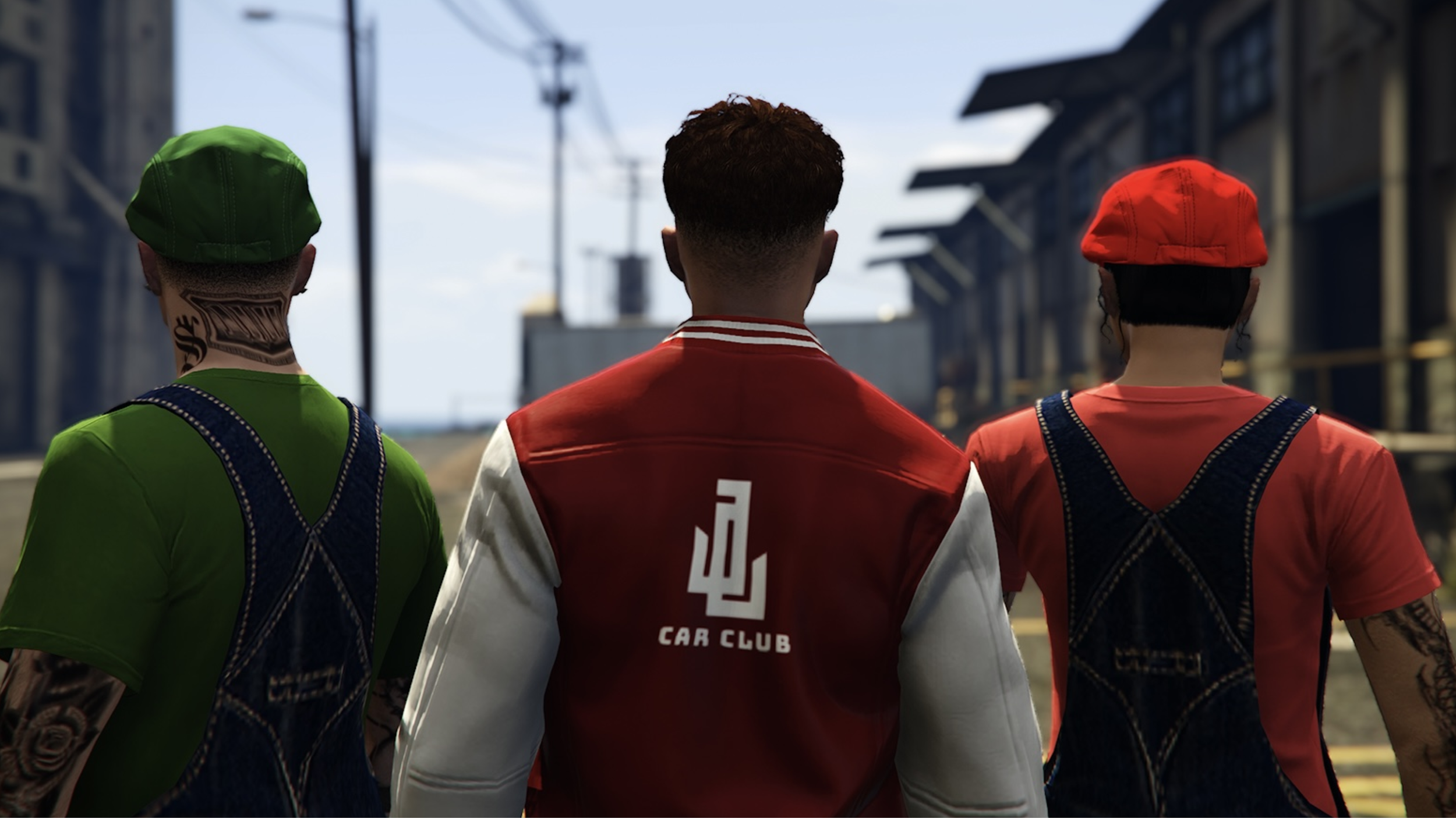 Three characters from a video game standing together outdoors, seen from behind. The characters include one with a green cap and tattooed neck, another with a red baseball cap, and a third with short curly hair wearing a red jacket with white sleeves and a logo reading 'Car Club' on the back.