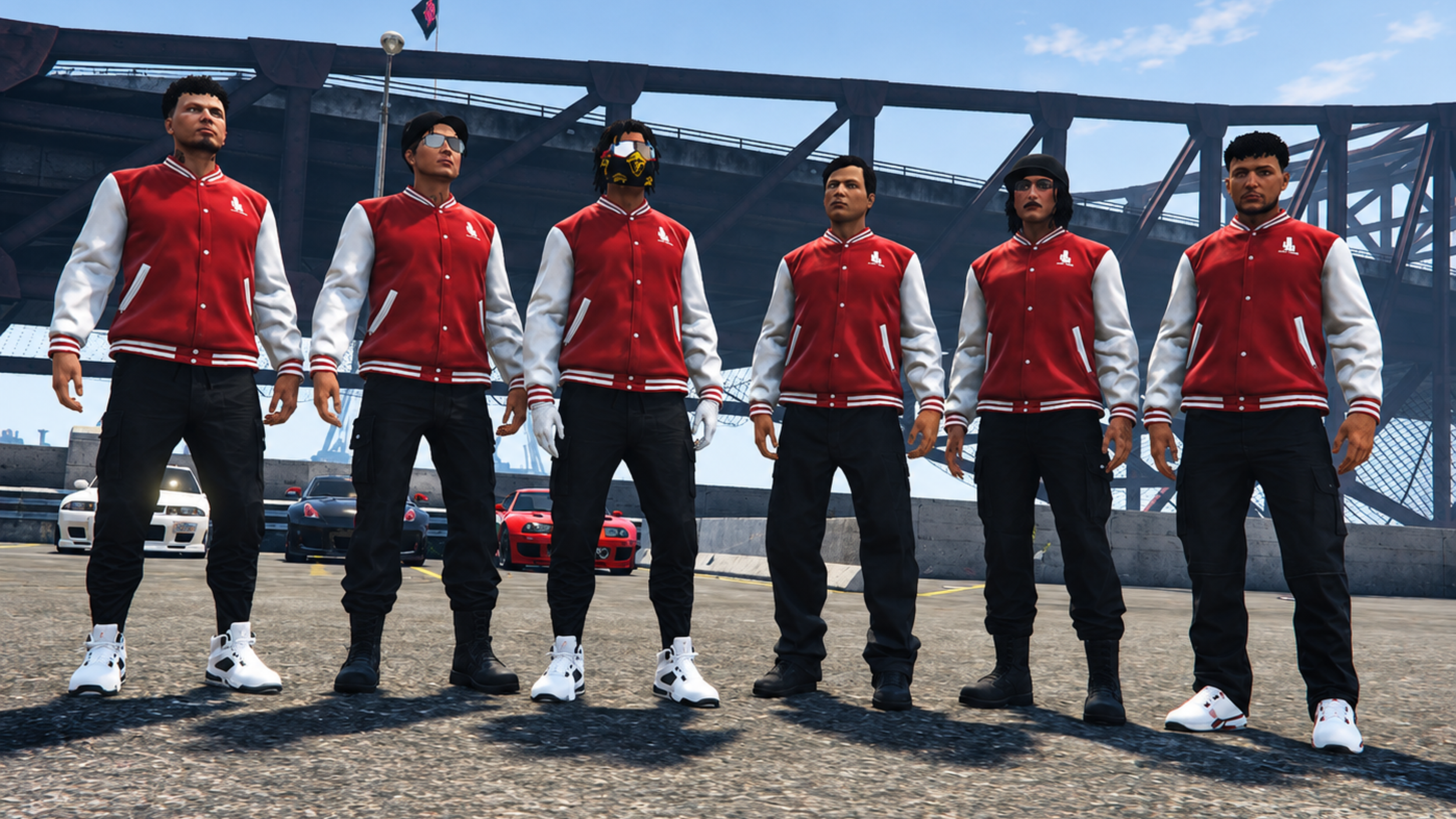 Six animated characters standing in a parking lot in front of a bridge, wearing red and white varsity jackets, black pants, and sneakers. Several sports cars are parked behind them.