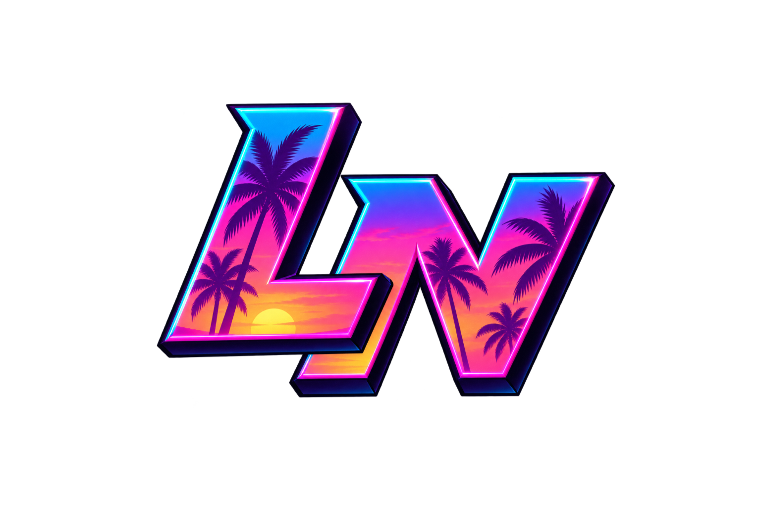 Bright neon purple and pink 3D 'L' and 'V' letters with sunset and palm trees inside, against a black background.