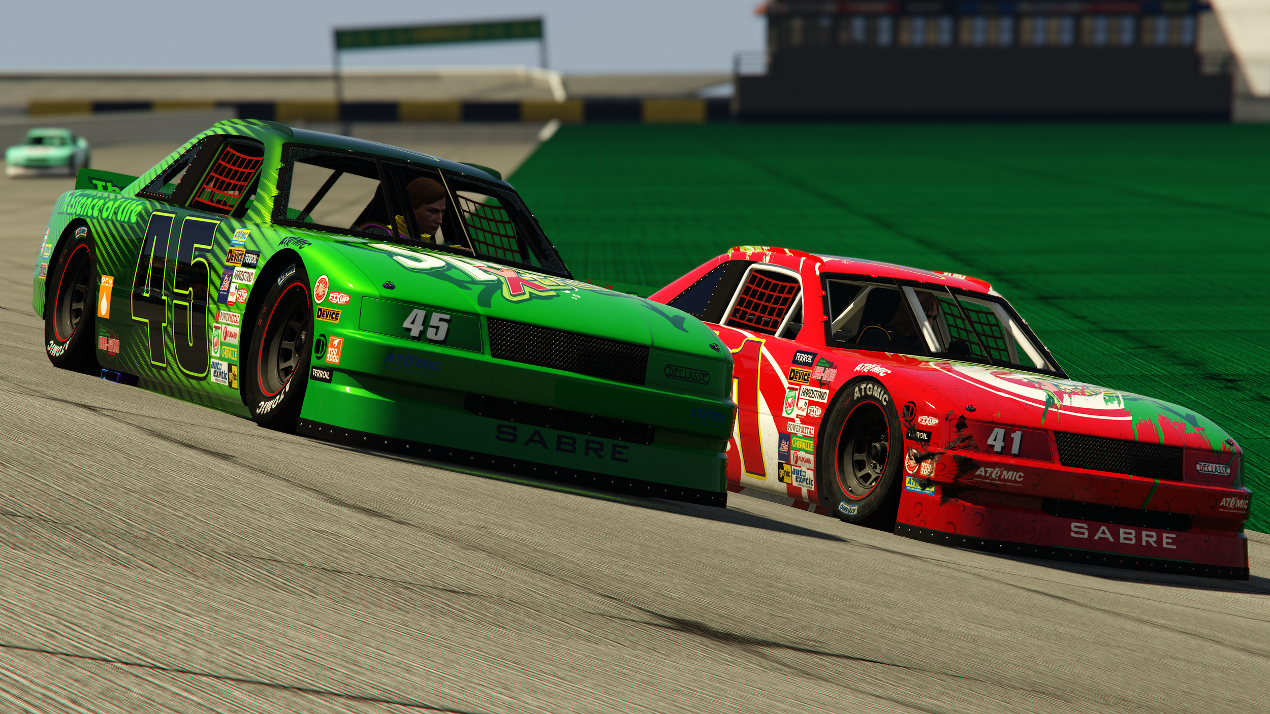 Two race cars, a green one labeled '145' and a red one labeled '41', are racing on a track, with a driver visible inside the green car. The green car has various sponsor decals and a black front grille, while the red car has a splattered paint design.