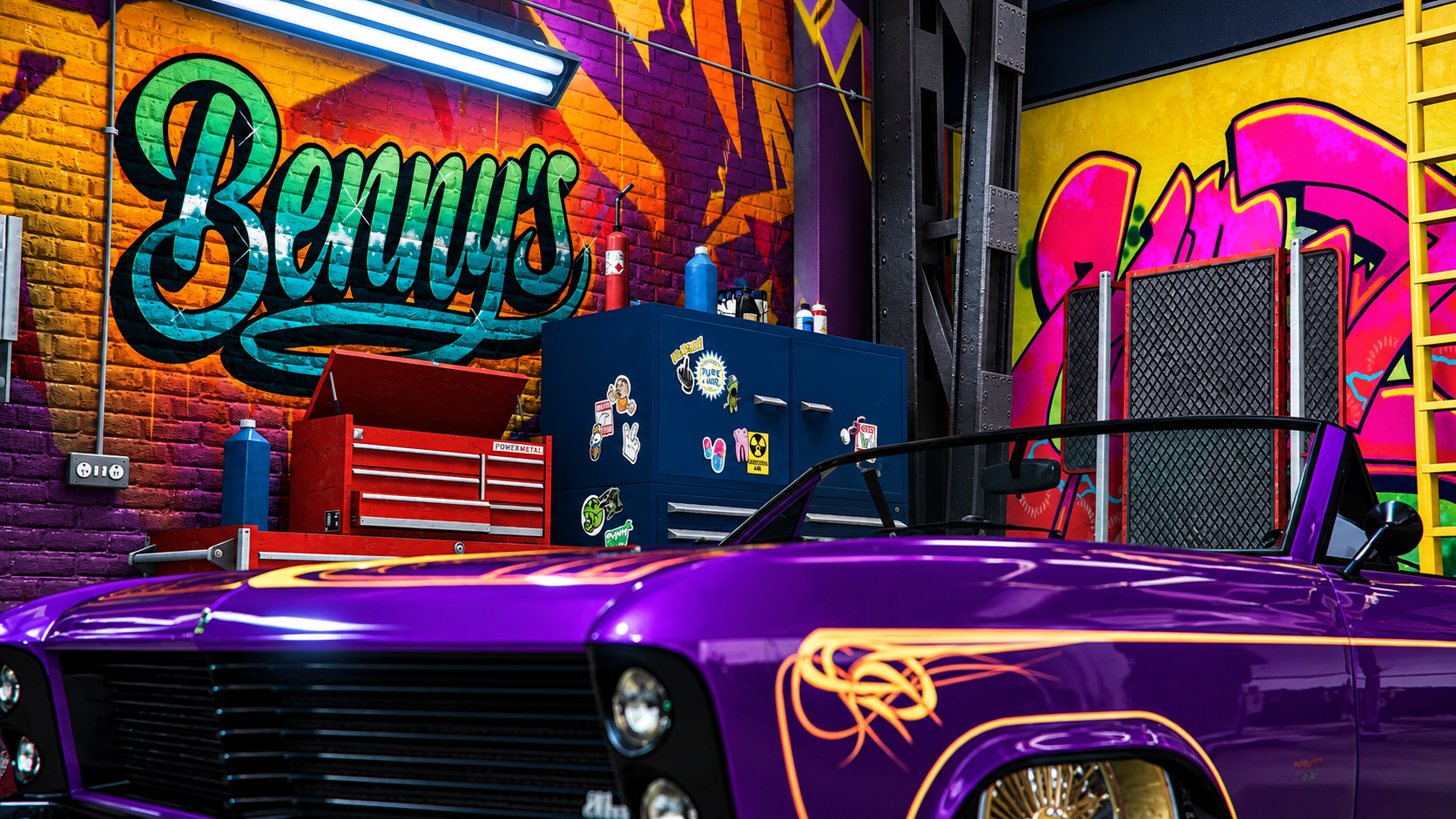 Interior garage with vibrant graffiti walls, a purple classic car, and a tool chest.