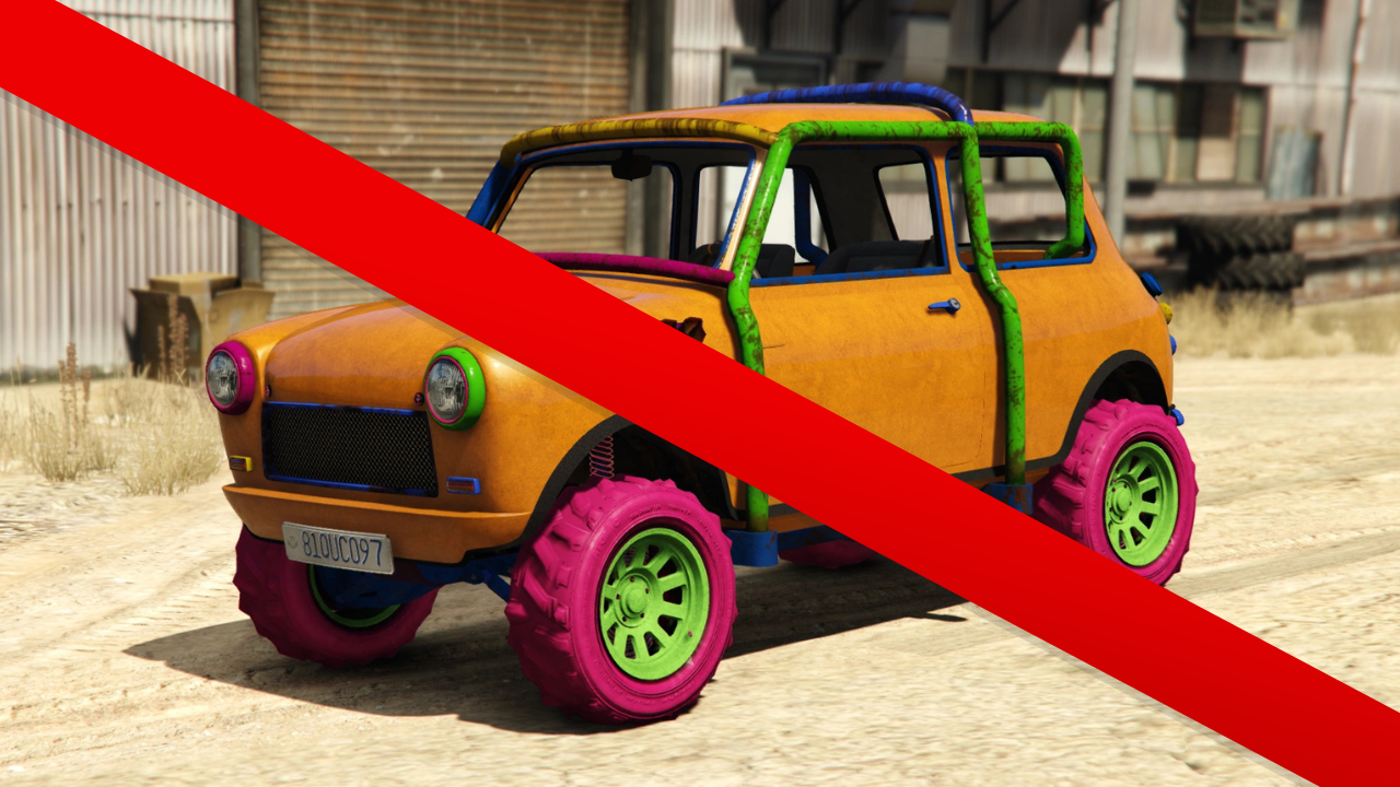 Colorful cartoon-style off-road vehicle with mismatched bright pink tires, green rims, orange body, and multicolored roll cage, parked on a sandy ground in a desert-like area.