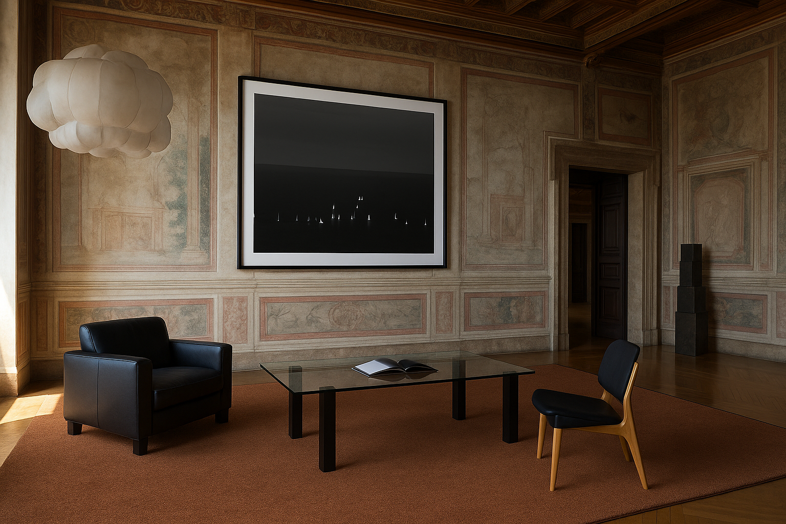 Interior of a minimalist room with a black armchair, a wooden chair with a black cushion, a glass-topped coffee table with an open book, a large framed artwork on the wall, a cloud-shaped ceiling light, and a stack of black cubes in the corner.
