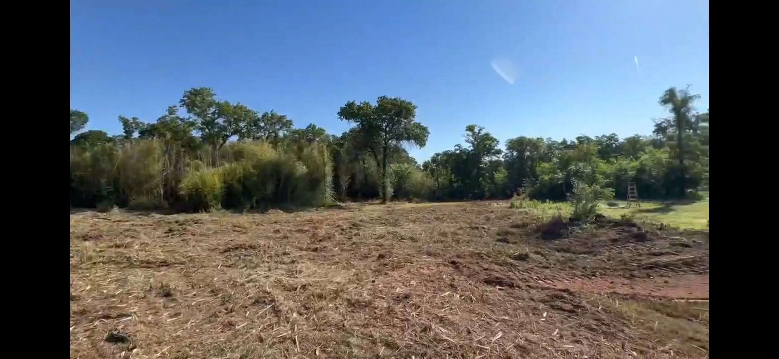 Open field with cleared soil, trees in the background, and clear blue sky.