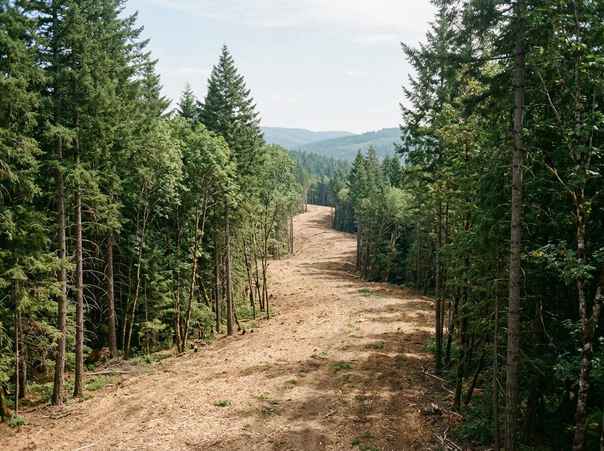 A dirt trail runs through a dense forest of green pine trees with distant mountains in the background.