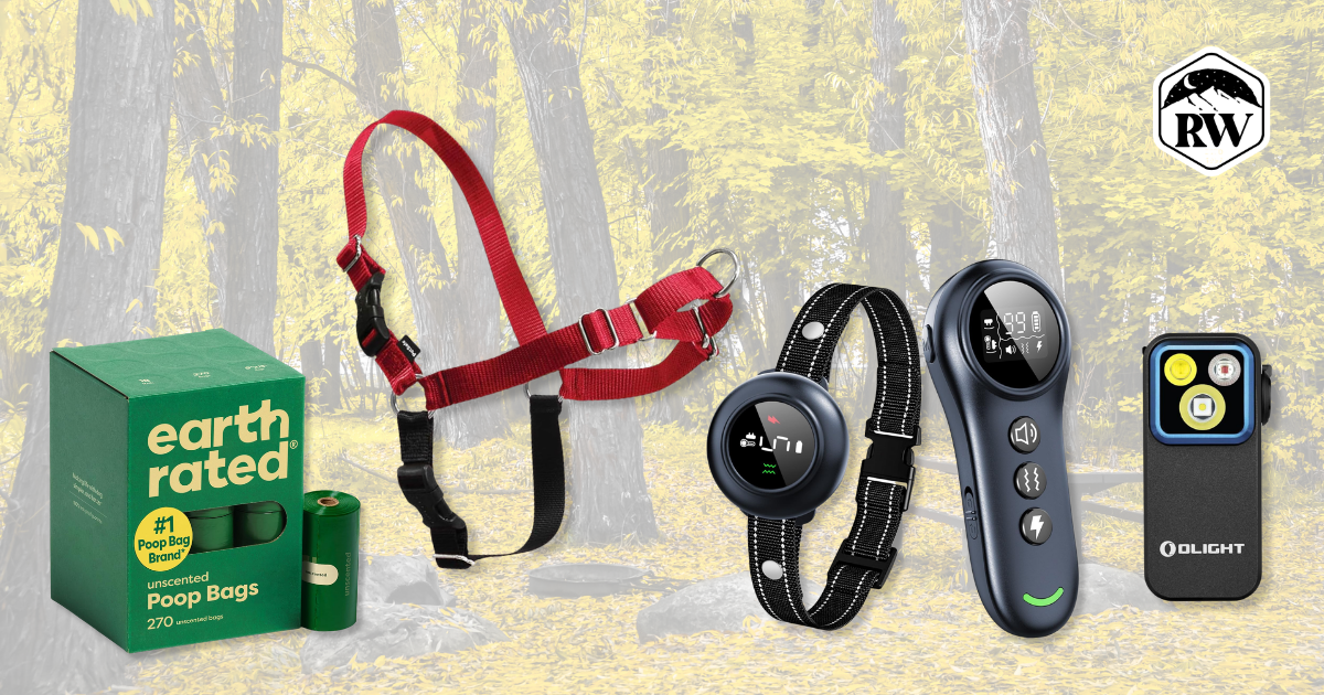 Accessories like earth rated waste bags, PetSafe harness, a humane no-shock bark collar and hands-free flashlight make dog walking a breeze.