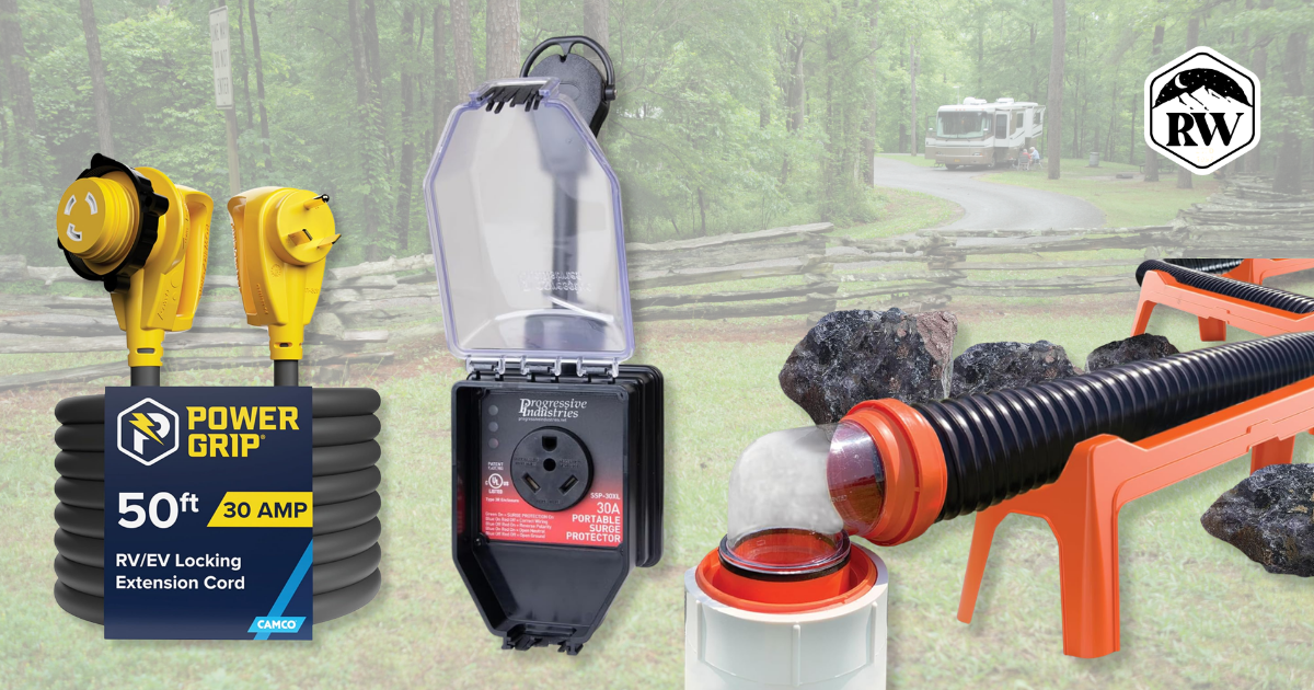Picture of a surge protector, extension cord, and sewer hose support