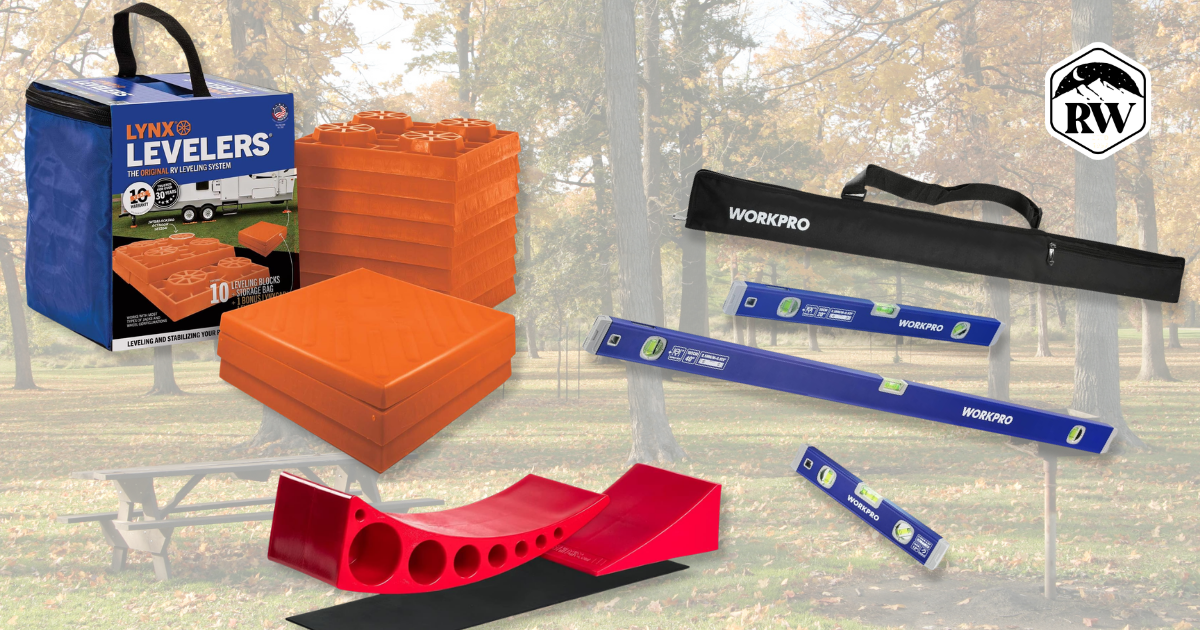 Leveling blocks, bubble level, and wheel chocks ensure your camper is level