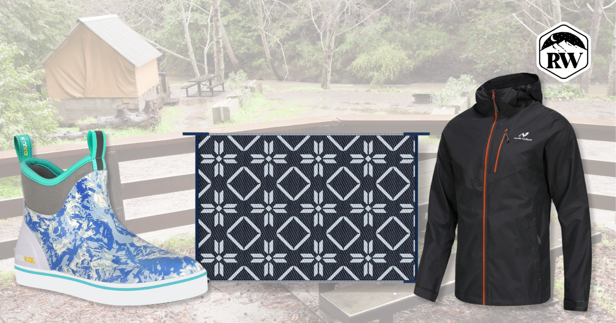 Stay dry while camping with a camp rug, deck boots, and a waterproof jacket.