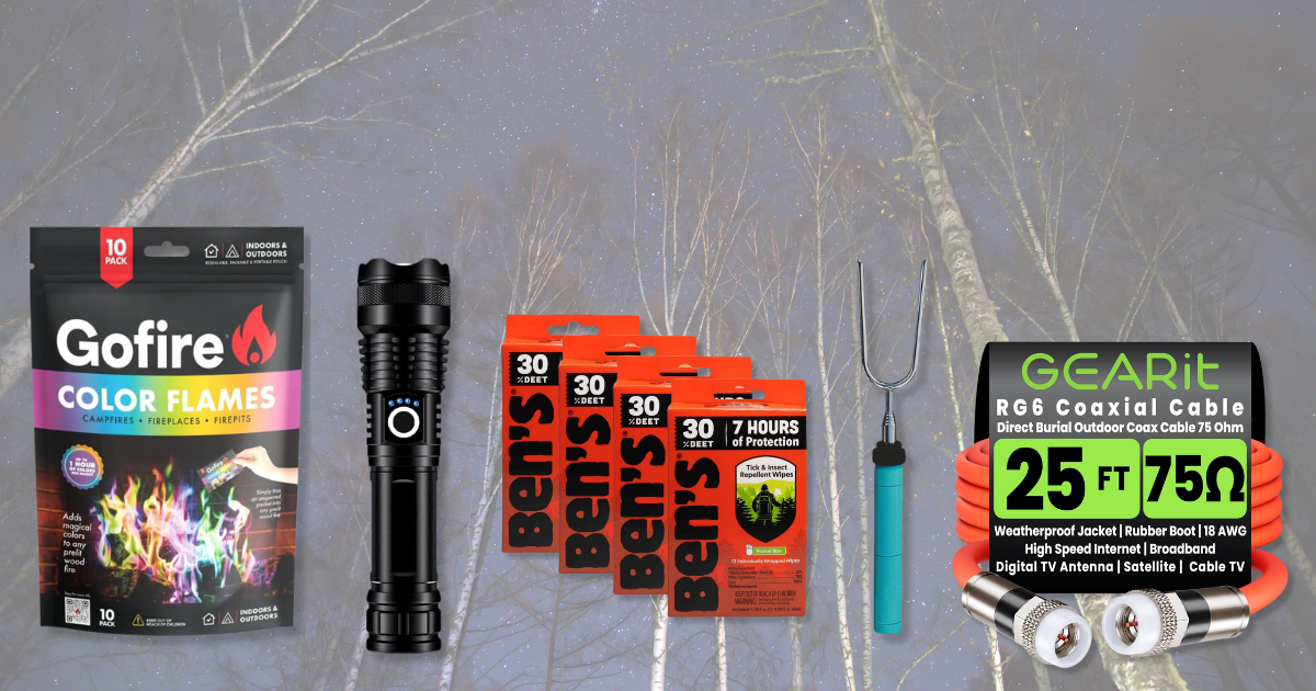 Nighttime is the best time at the campground: from color flames to marshmallows by the fire. Stay connected with a coax cable and protect yourself from bugs with Ben's wipes.