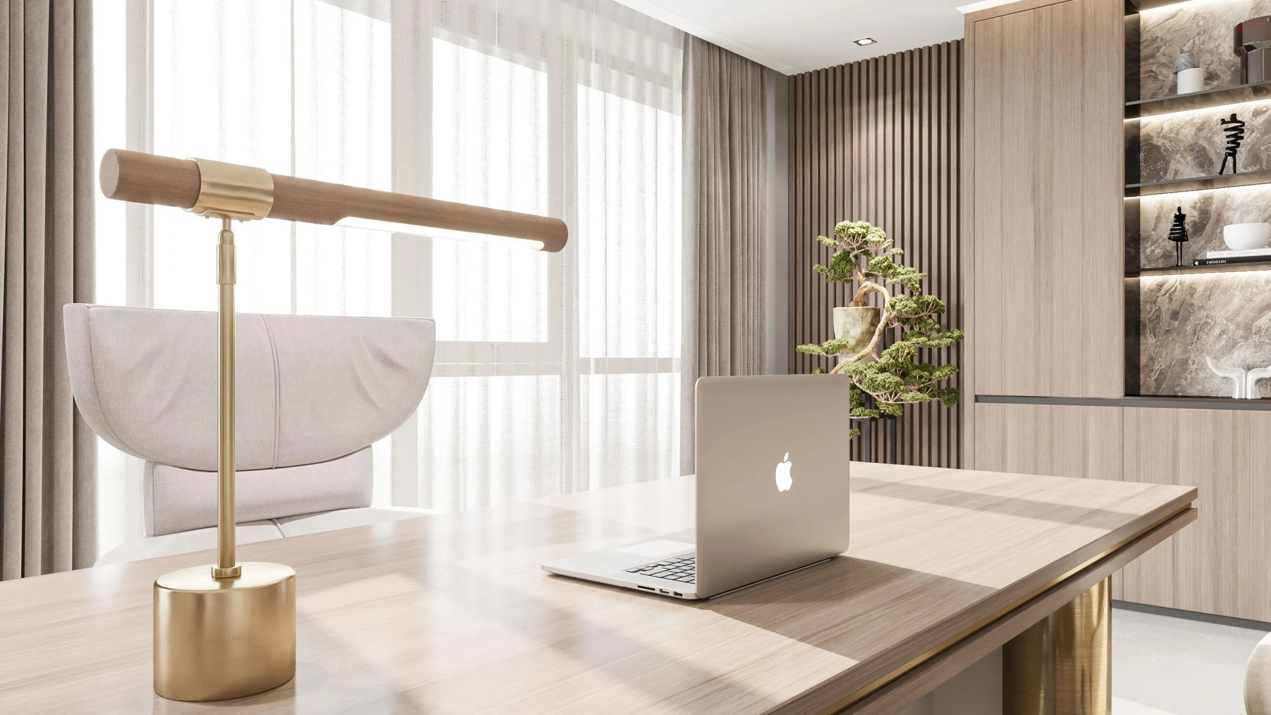Modern workspace with a laptop, desk lamp and potted plant.