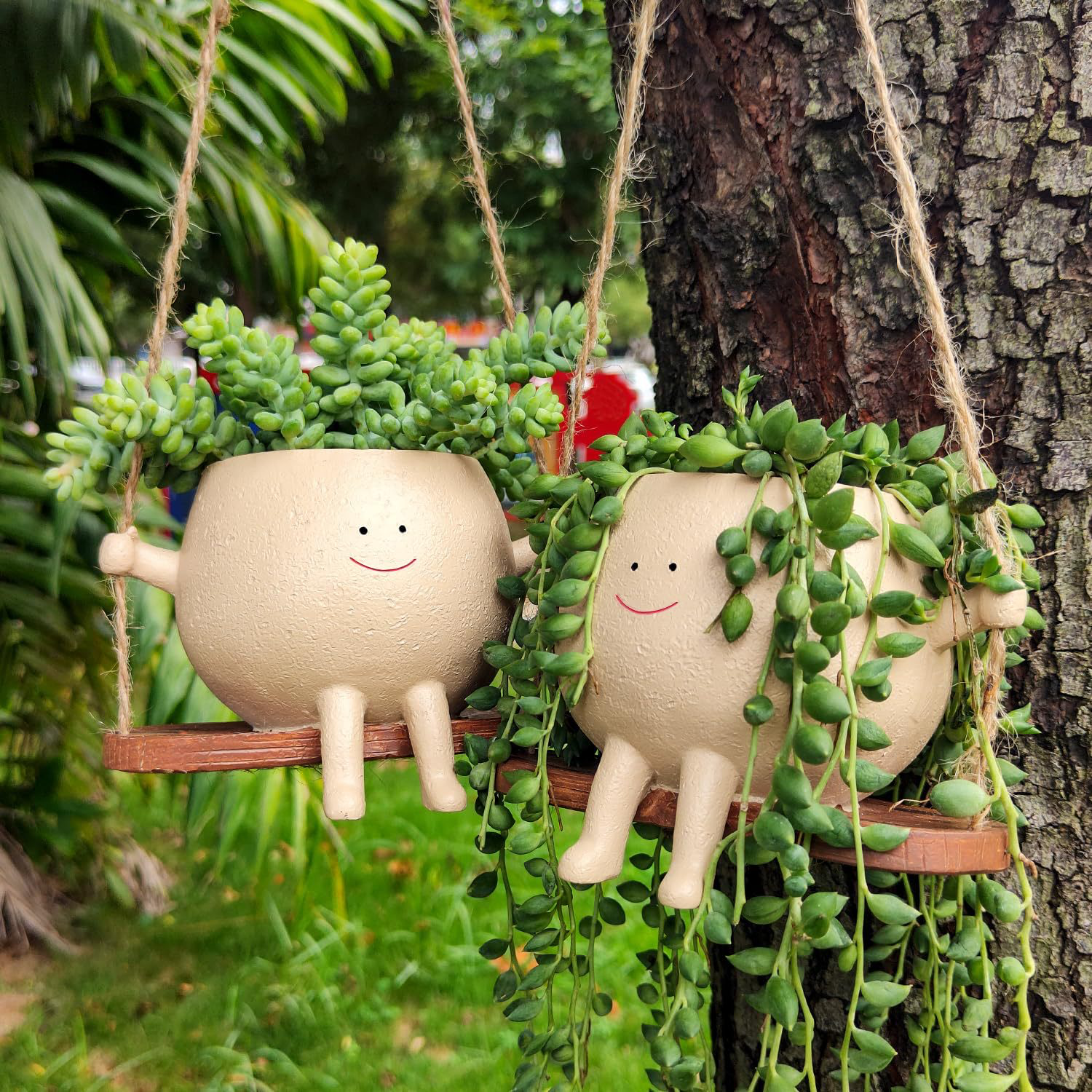 Two hanging planters designed to look like cute characters with smiling faces, filled with green succulents and hanging from a tree