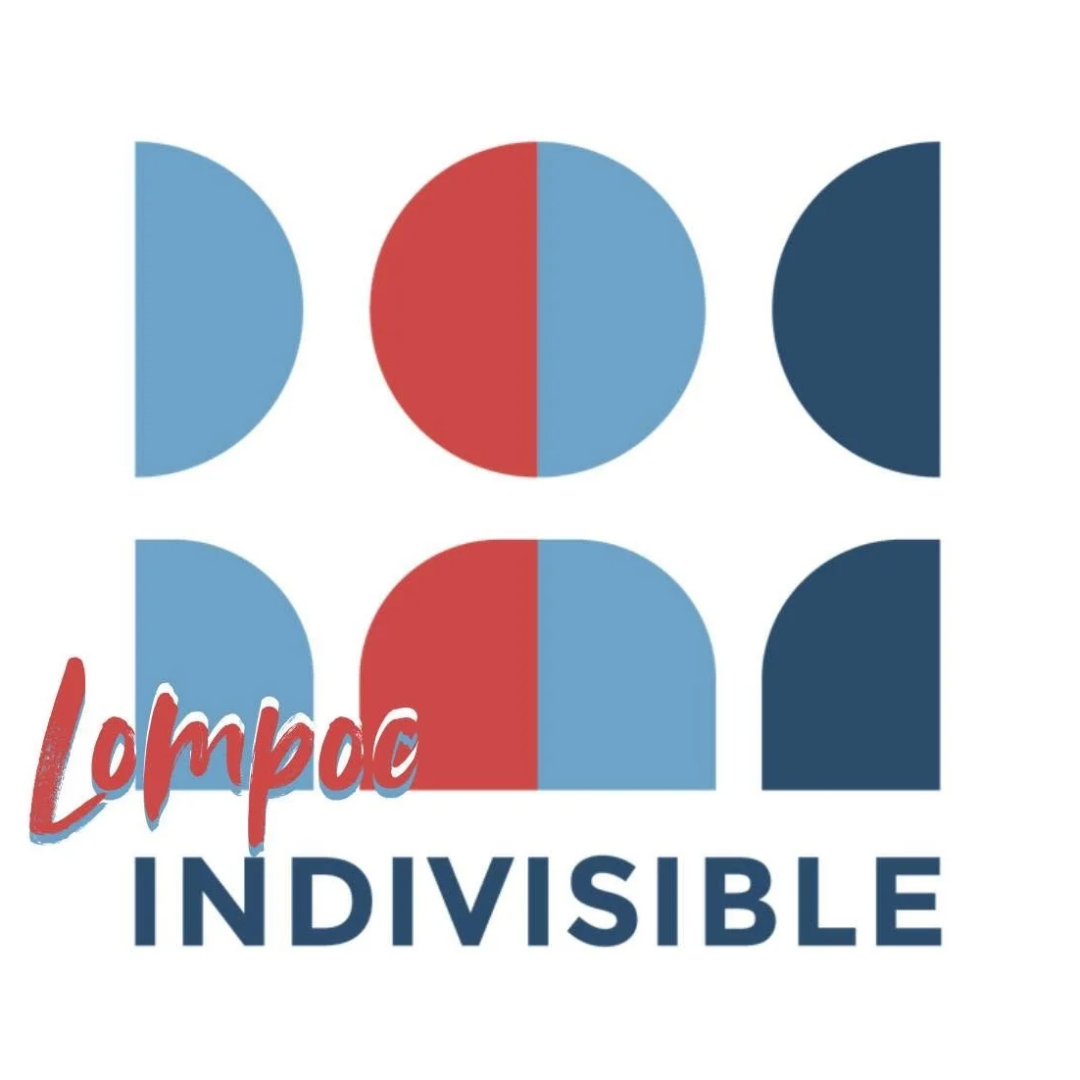 Graphic design with geometric shapes and text, featuring the words "Lompoc" in red cursive and "INVISIBLE" in navy blue block letters.
