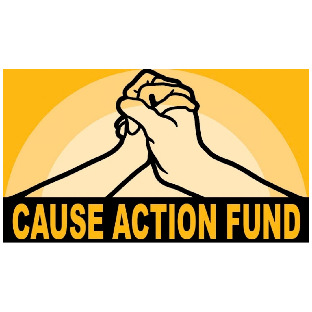 Illustration of two hands clasped together in a handshake with the text 'CAUSE ACTION FUND' in bold yellow letters below.