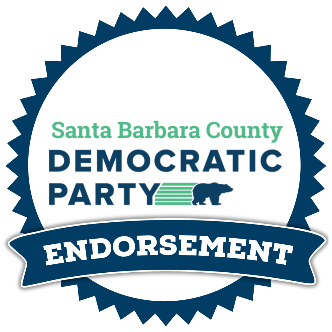 Endorsement badge for Santa Barbara County Democratic Party with a bear, green stripes, and blue background.