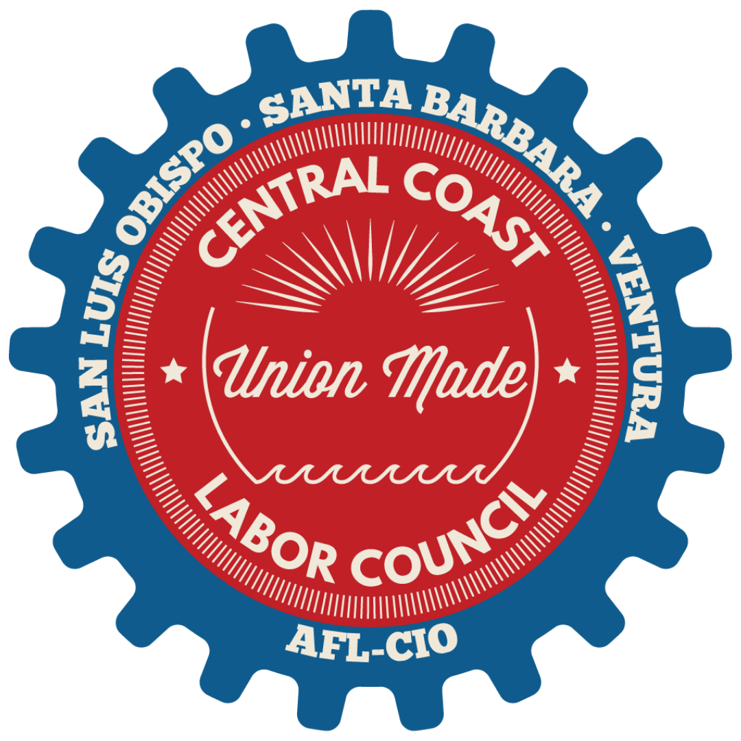 Badge with red and blue colors featuring a sun in the background, with text reading 'Union Made, Central Coast, San Luis Obispo, Santa Barbara, Ventura, Labor Council, AFL-CIO'