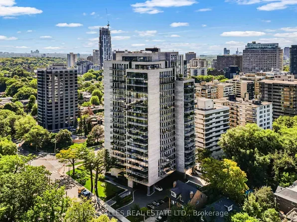 City skyline with high-rise buildings, lush green trees, and partly cloudy blue sky.