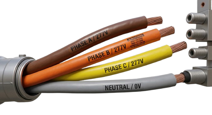 Electrical wires with color-coded insulation labeled 'Phase A', 'Phase B', 'Phase C', and 'Neutral' connected to a circuit panel.