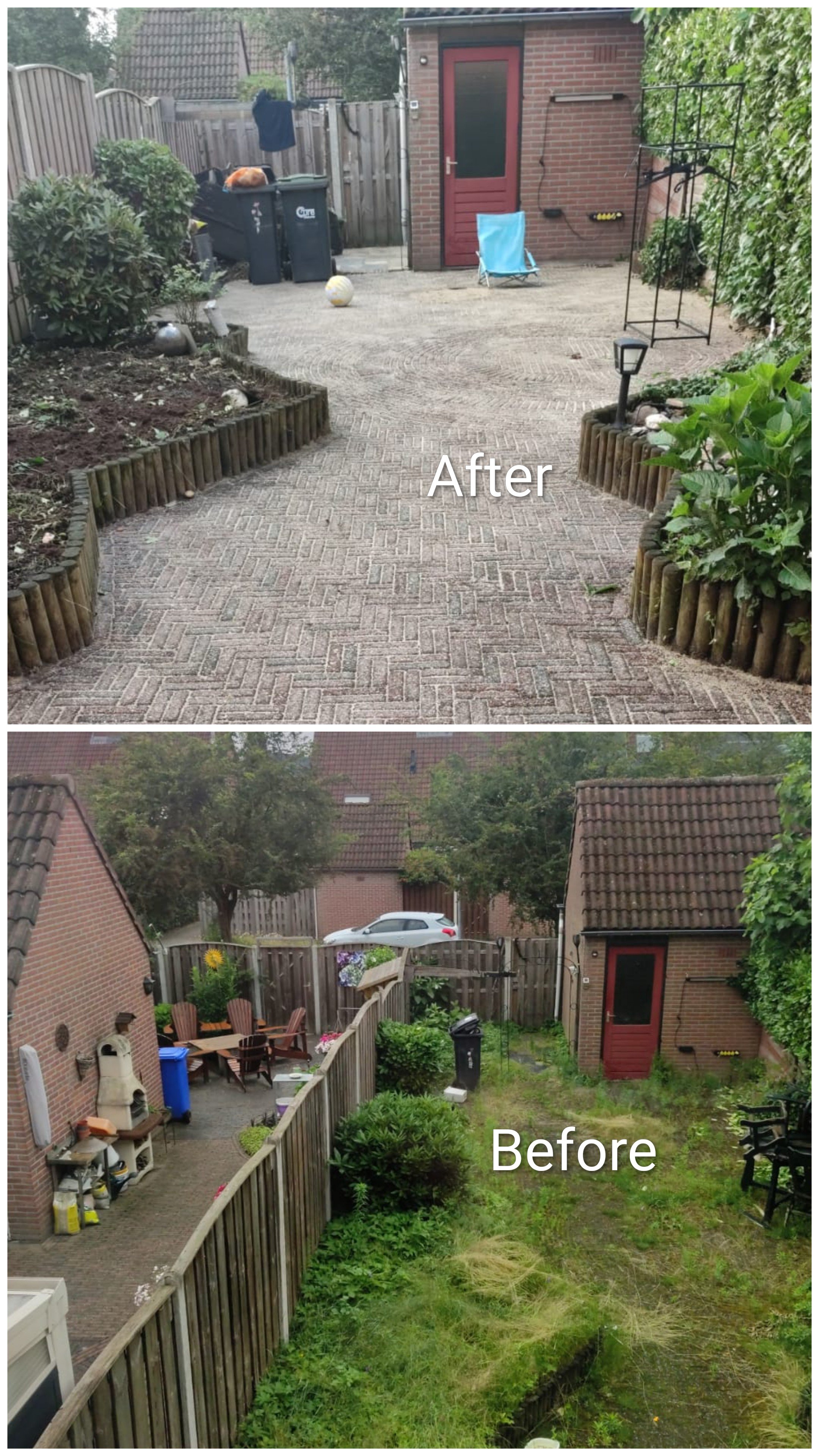The 'After' image shows a clean, well-maintained backyard with a paved patio, garden beds, and a fence, while the 'Before' image shows overgrown grass, weeds, and cluttered yard space.