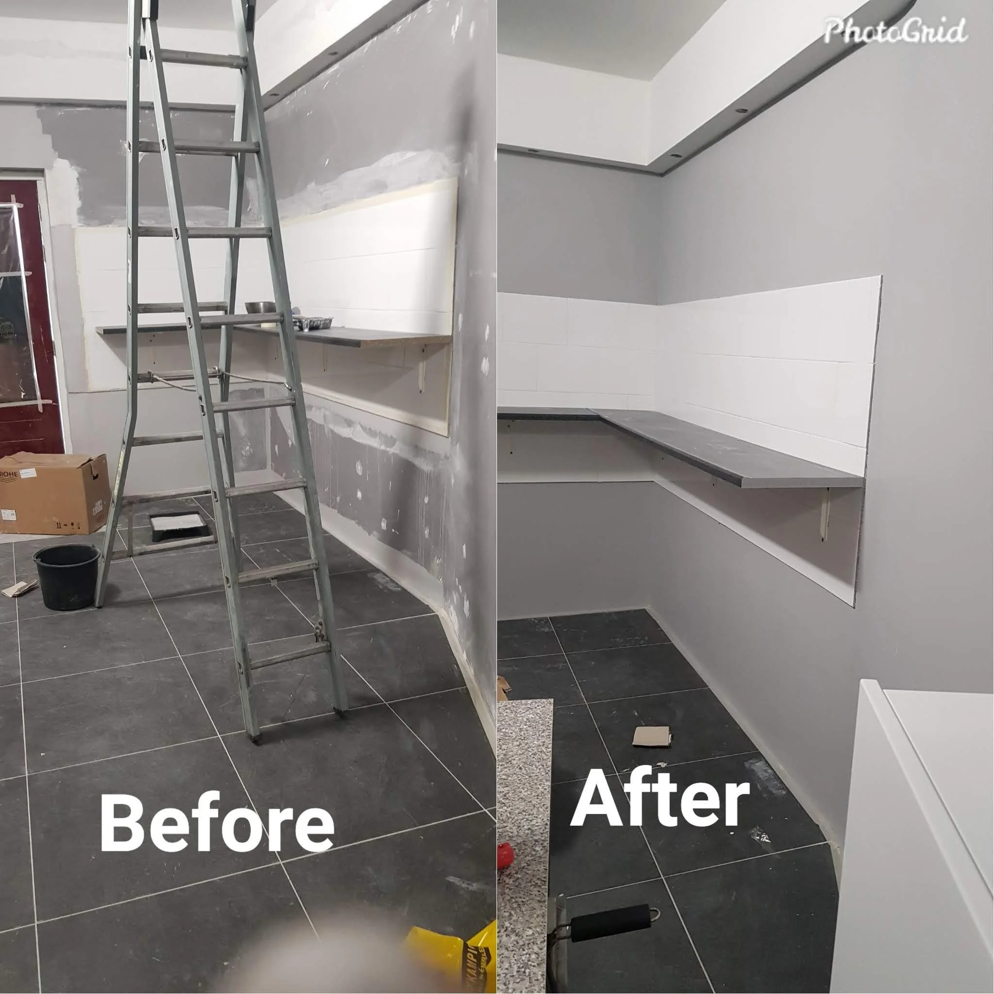 Comparison of a kitchen wall before and after renovation, with tools and materials visible.