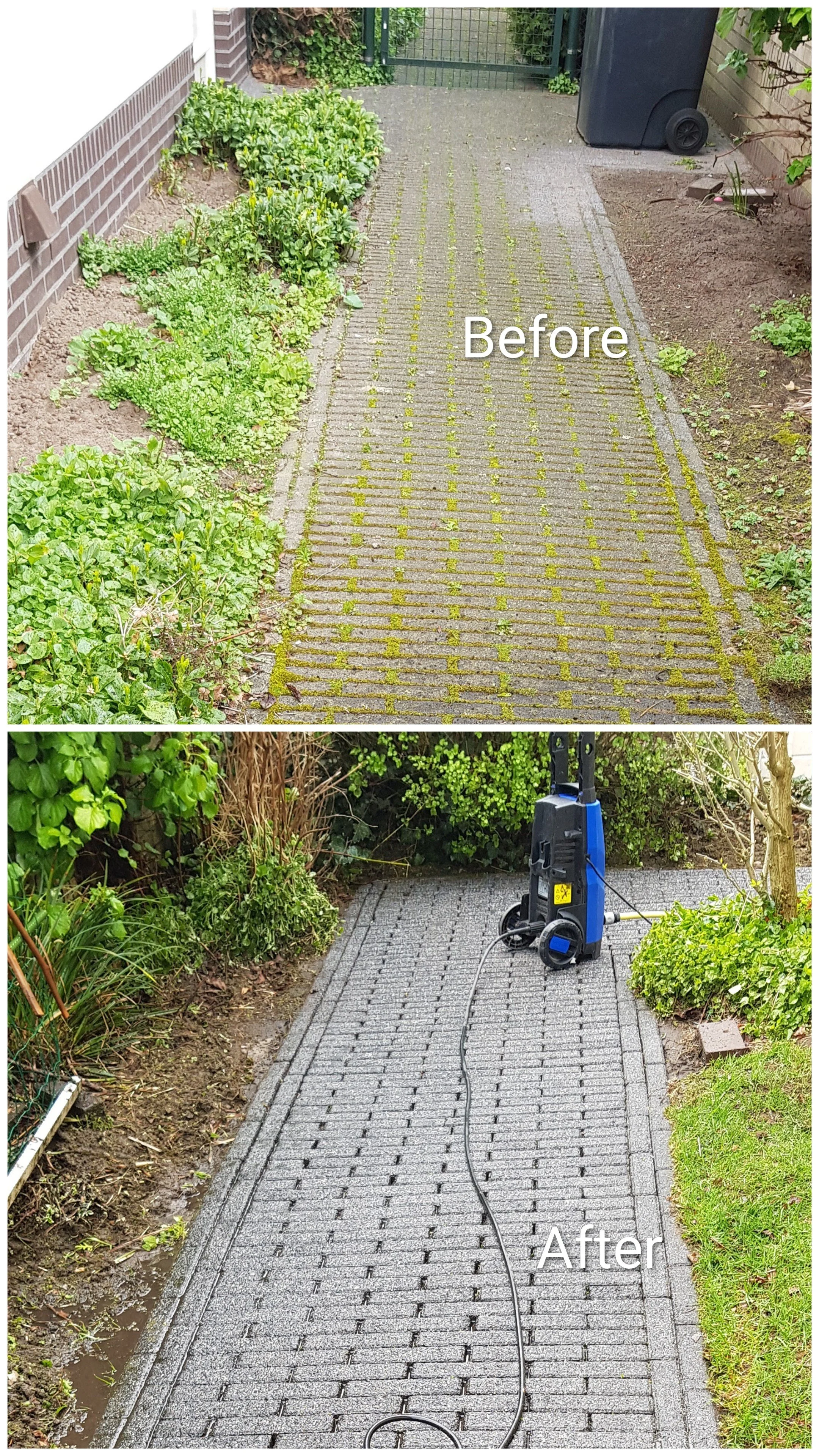 The top image shows a garden pathway with moss growing between the bricks and overgrown plants on either side, labeled 'Before.' The bottom image shows the same pathway after it has been cleaned and the moss removed, with a pressure washer on the pathway, labeled 'After.'