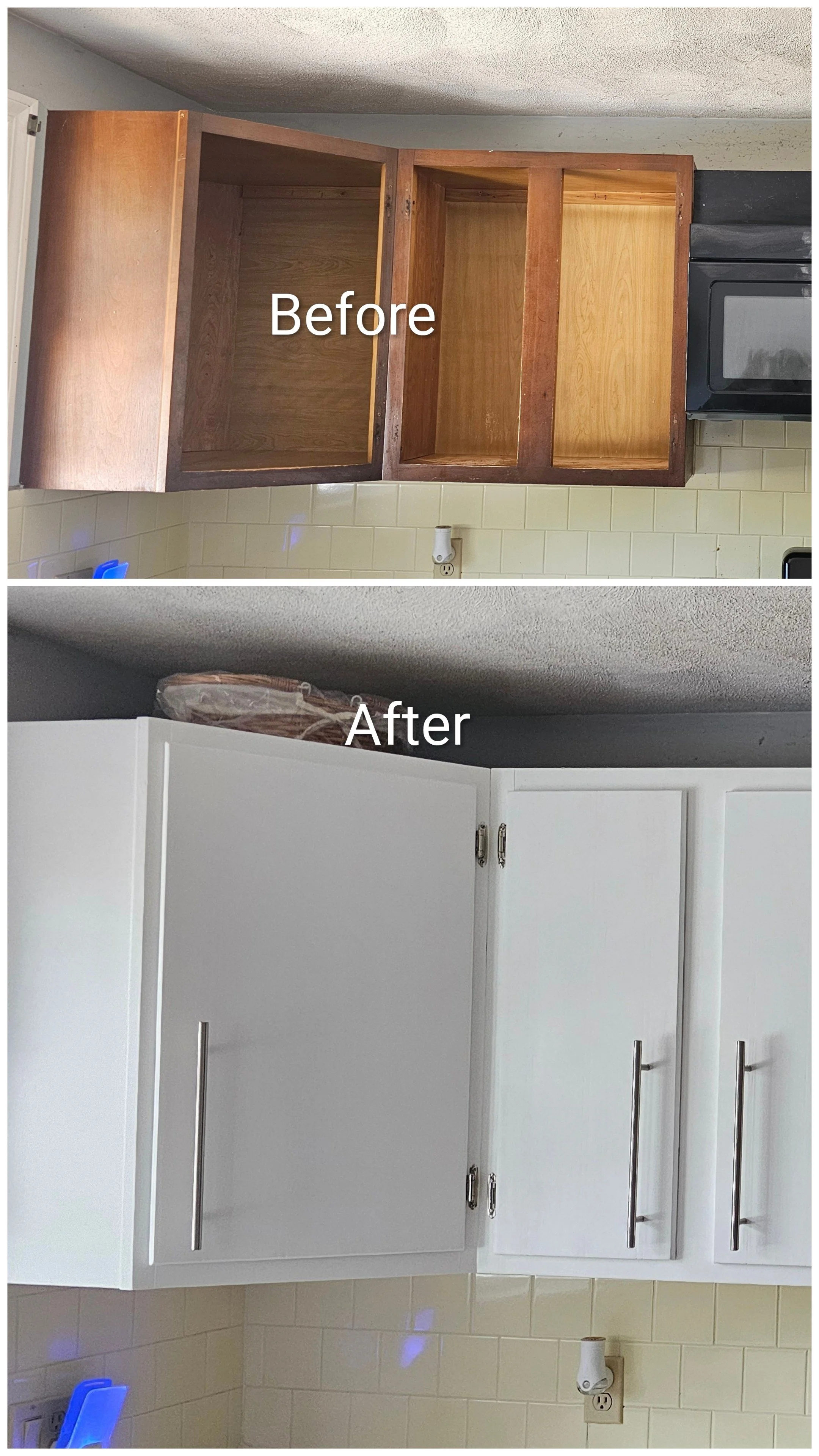 Comparison of kitchen cabinets before and after renovation. The upper image shows old, unfinished wood cabinets, while the lower image shows newly painted white cabinets with modern silver handles.