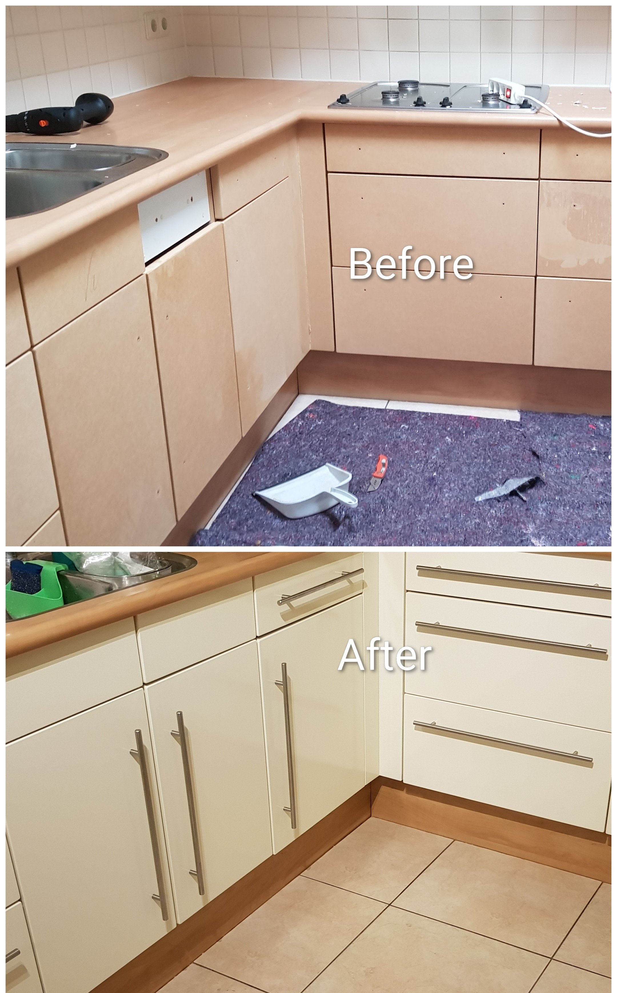 Comparison of kitchen cabinets before and after renovation; the 'Before' shows old, damaged beige cabinets with tools and debris on the floor, and the 'After' displays new, cream-colored cabinets with modern handles and clean tile flooring.