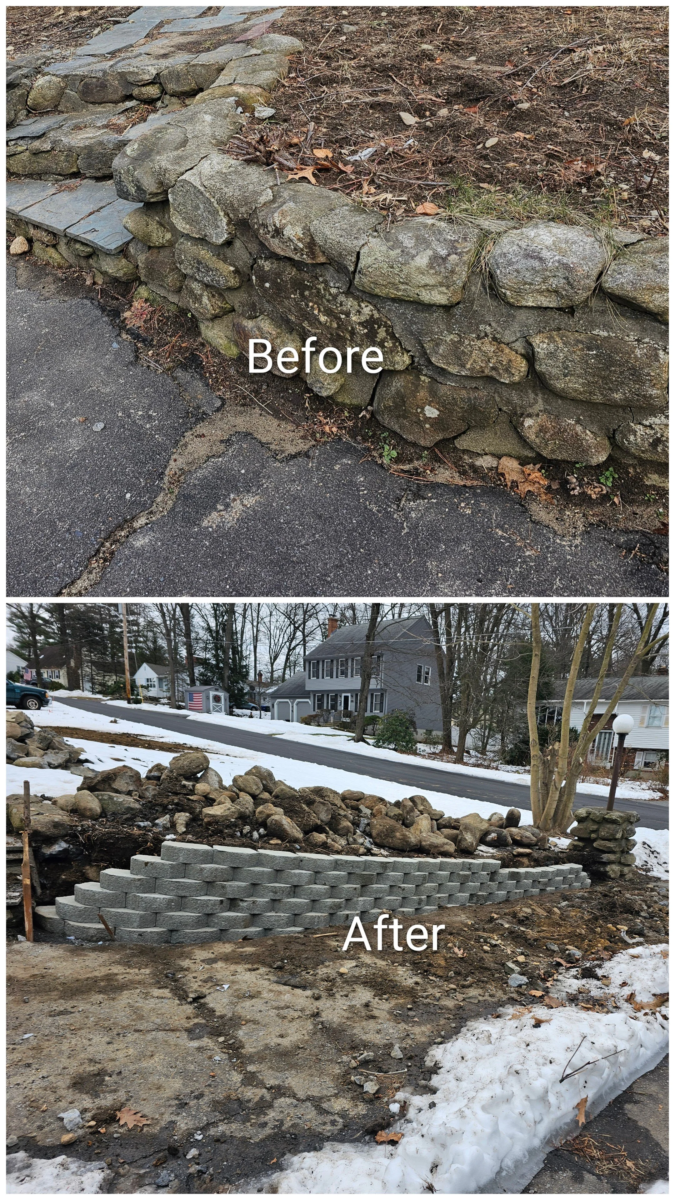 Before and after images showing the construction of a stone retaining wall. The first image depicts an existing stone wall with dirt and leaves nearby. The second image shows a newly built stone retaining wall with additional bricks at the base, with snow covering the ground around it, and a residential neighborhood in the background.
