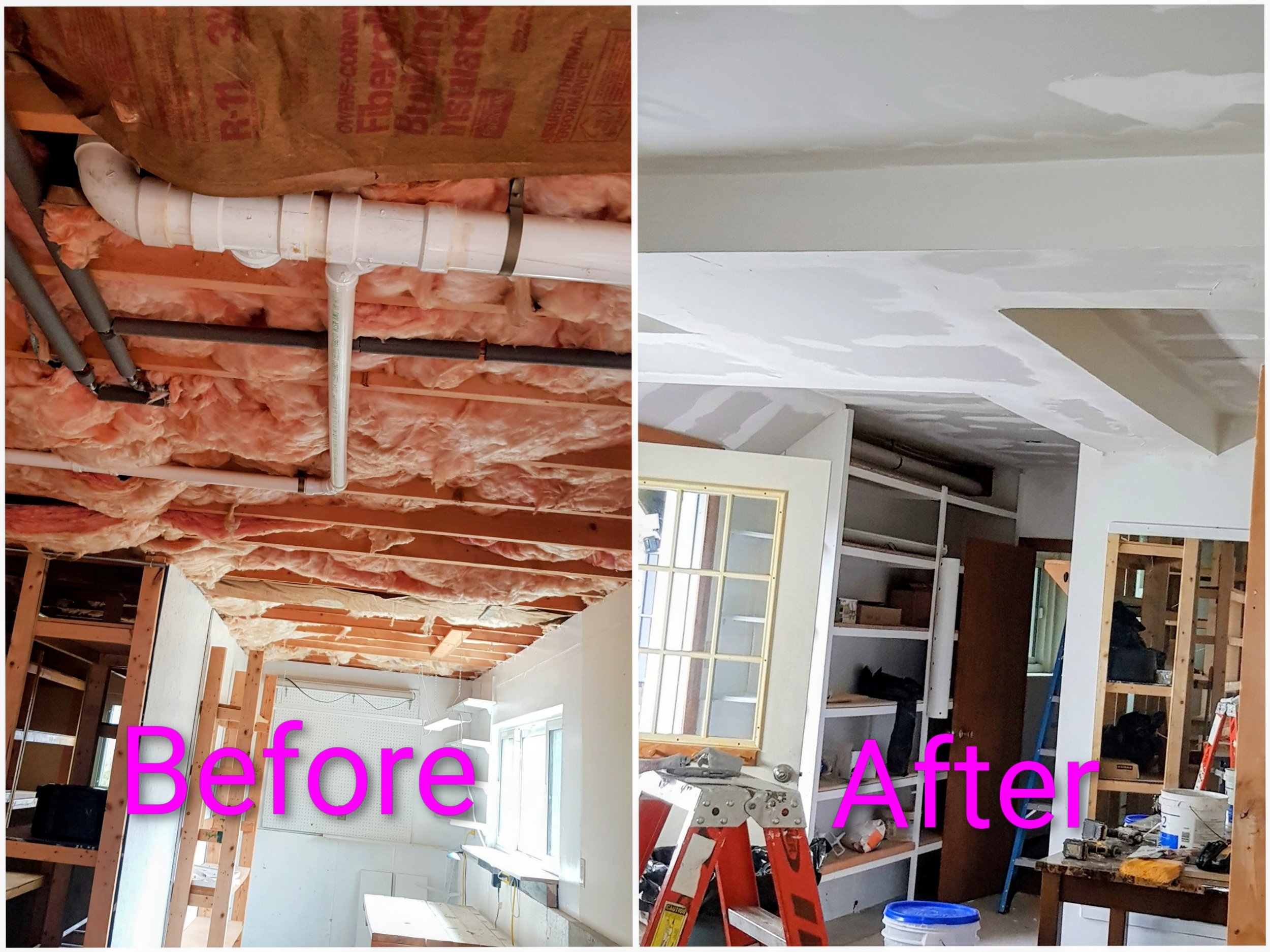 Comparison of a ceiling before and after renovation. The 'Before' side shows an unfinished ceiling with exposed insulation, pipes, and framing, while the 'After' side shows a finished ceiling with drywall, painted white, and organized shelving in the background.