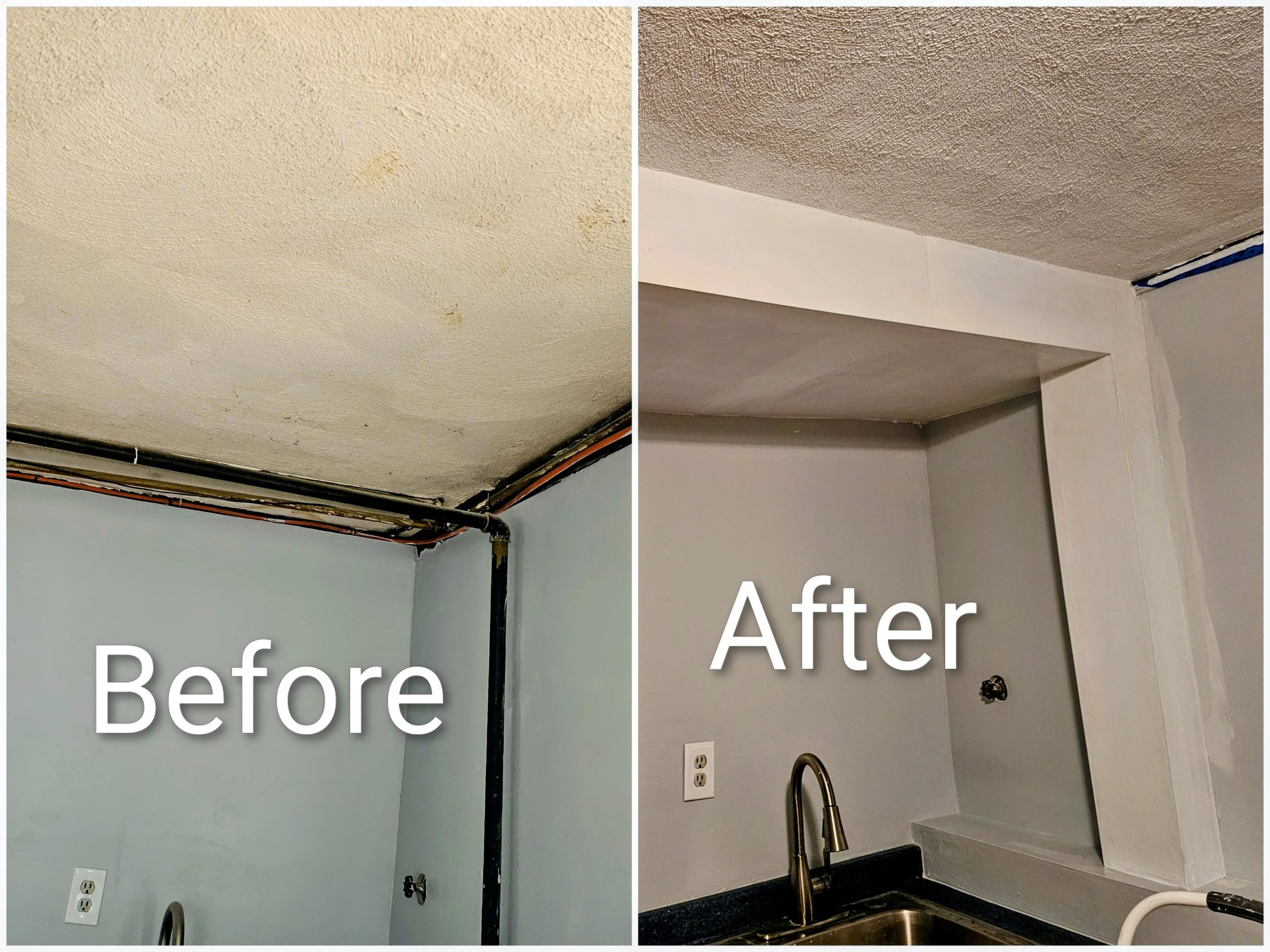 Comparison image showing a ceiling before and after cleaning. The before side displays a dirty, stained ceiling with discoloration and marks. The after side shows a clean, freshly painted ceiling with no stains.