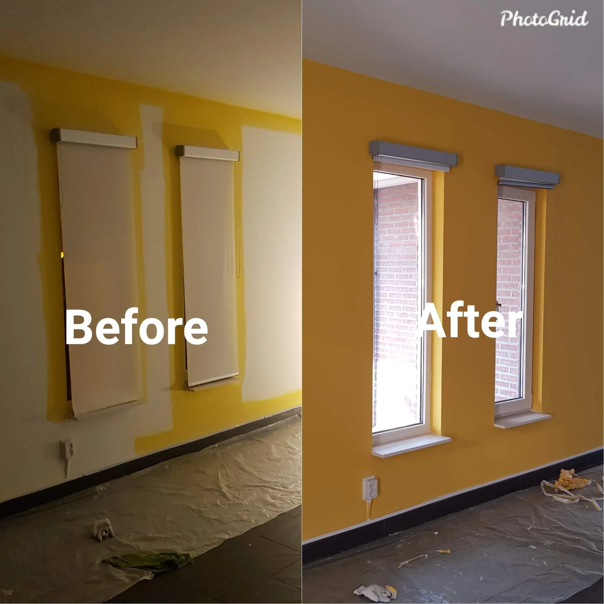 Side-by-side comparison of a room before and after painting. The left side shows a yellow wall with a window and blinds that are being painted, with painting tools and drop cloth on the floor. The right side shows the same room after the wall has been painted a brighter yellow, with window blinds installed, and some painting supplies on the floor.