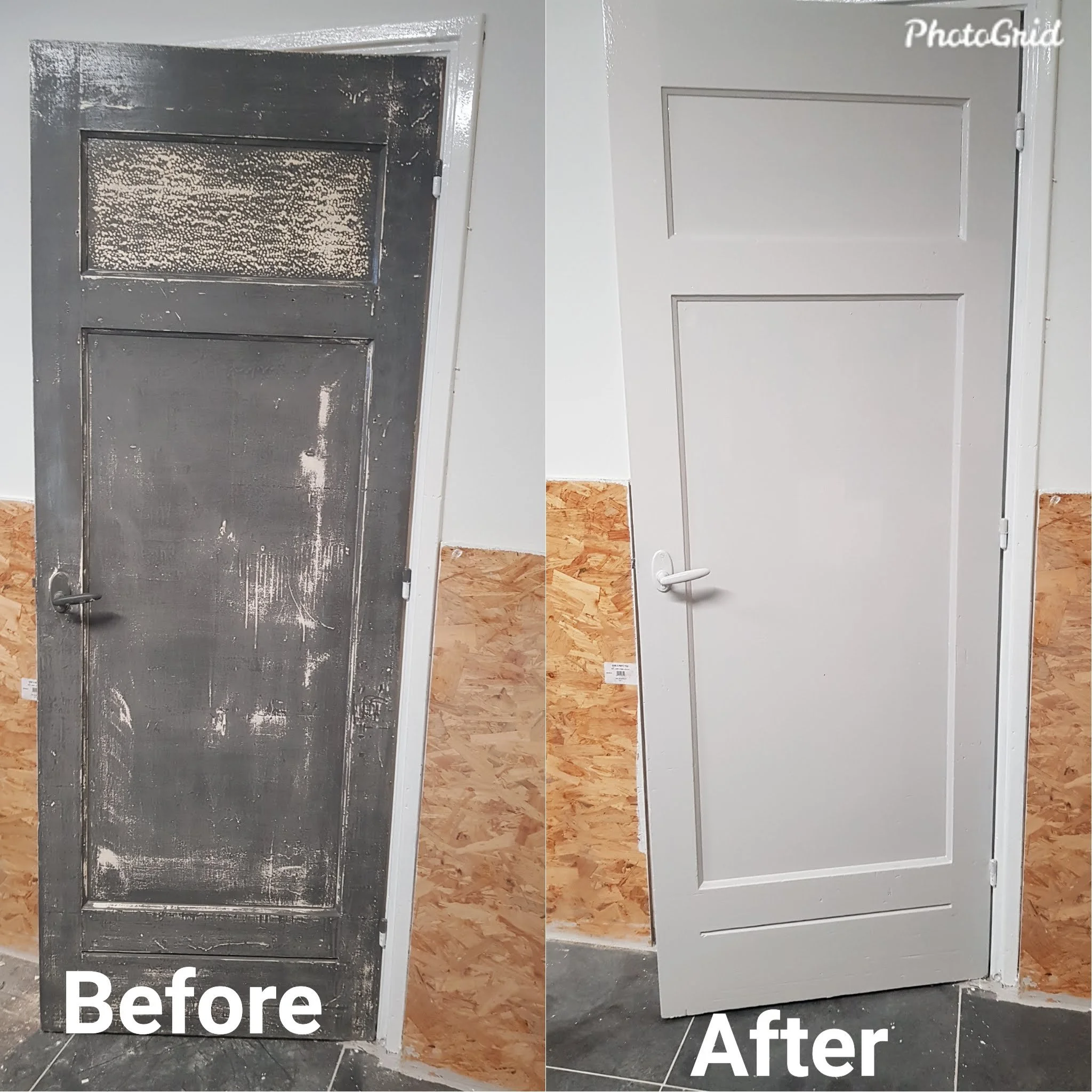 Comparison of a dark gray door before and after cleaning or repainting, with the left side showing a dirty, scratched surface and the right side showing a clean, smooth, white surface.